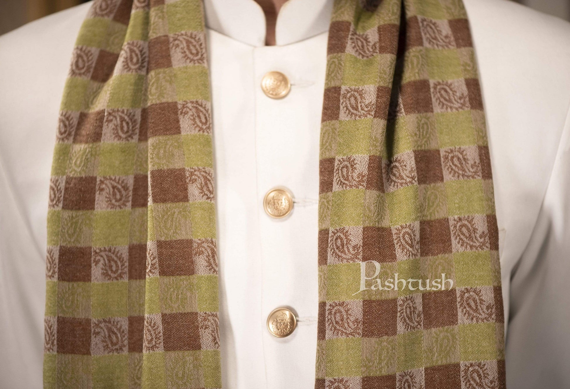 Pashtush India 70x200 Pashtush Woven Mens Checkered Scarf, Fine Wool Muffler, Soft and Light, Beige and Sea Green