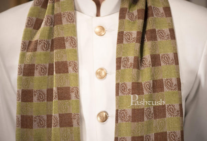 Pashtush India 70x200 Pashtush Woven Mens Checkered Scarf, Fine Wool Muffler, Soft and Light, Beige and Sea Green