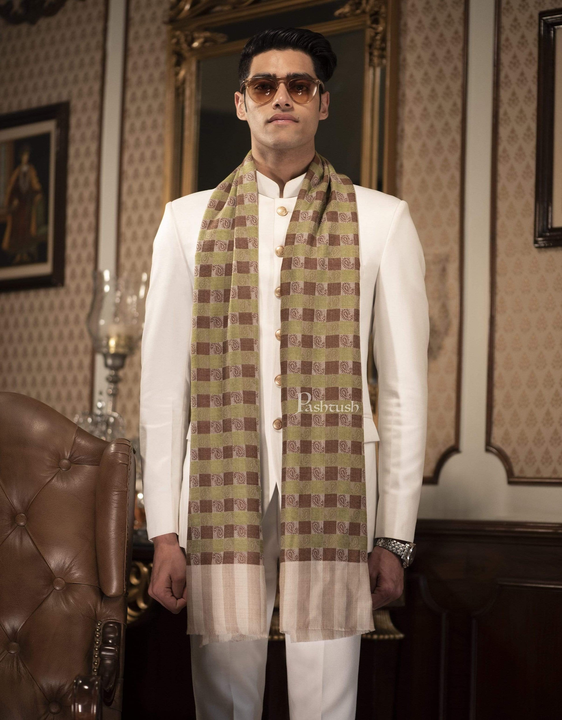 Pashtush India 70x200 Pashtush Woven Mens Checkered Scarf, Fine Wool Muffler, Soft and Light, Beige and Sea Green