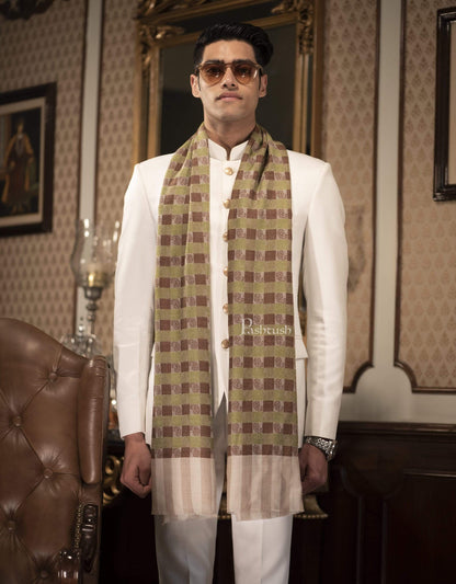 Pashtush India 70x200 Pashtush Woven Mens Checkered Scarf, Fine Wool Muffler, Soft and Light, Beige and Sea Green