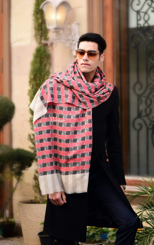 Pashtush India 70x200 Pashtush Woven Mens Checkered Scarf, Fine Wool Muffler, Soft and Light Weight