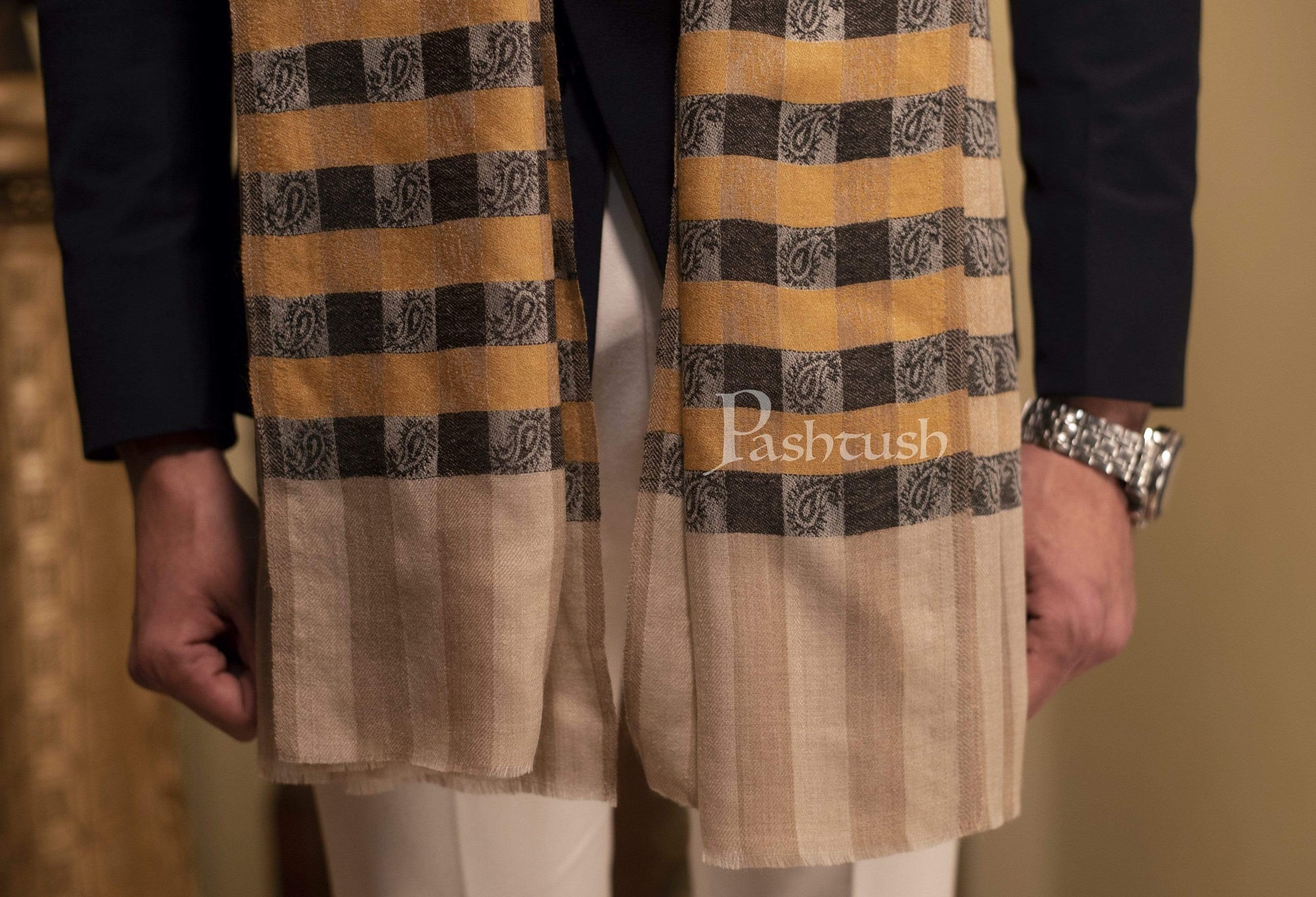 Pashtush India 70x200 Pashtush Woven Mens Checkered Scarf, Fine Wool Muffler, Soft and Light Weight