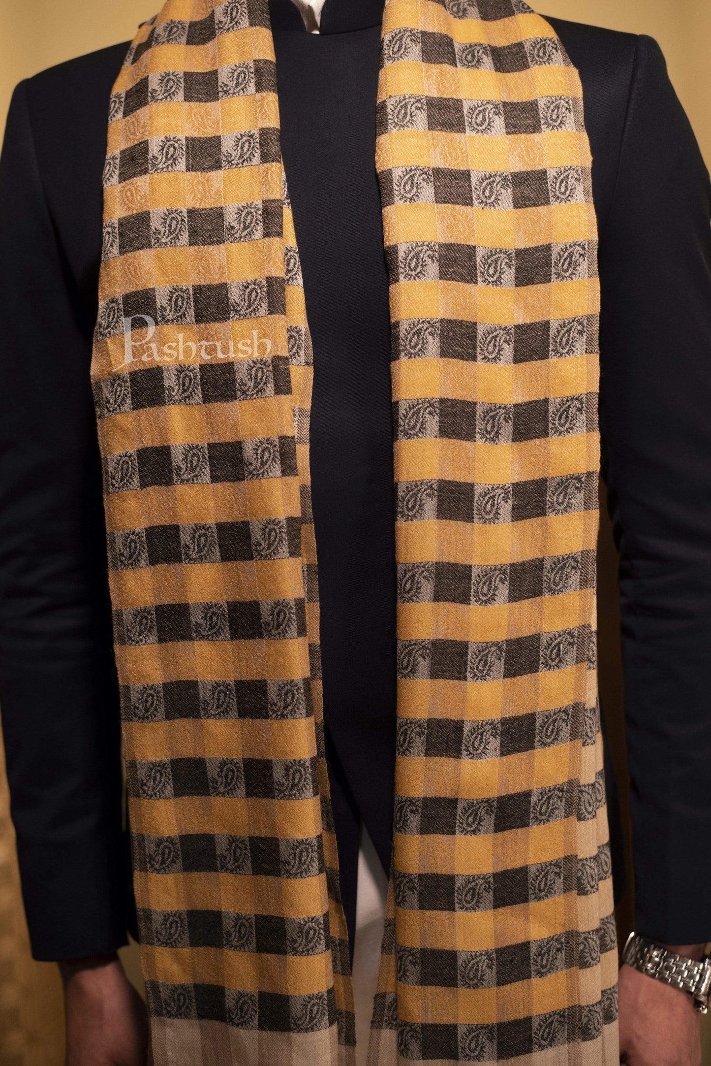 Pashtush India 70x200 Pashtush Woven Mens Checkered Scarf, Fine Wool Muffler, Soft and Light Weight