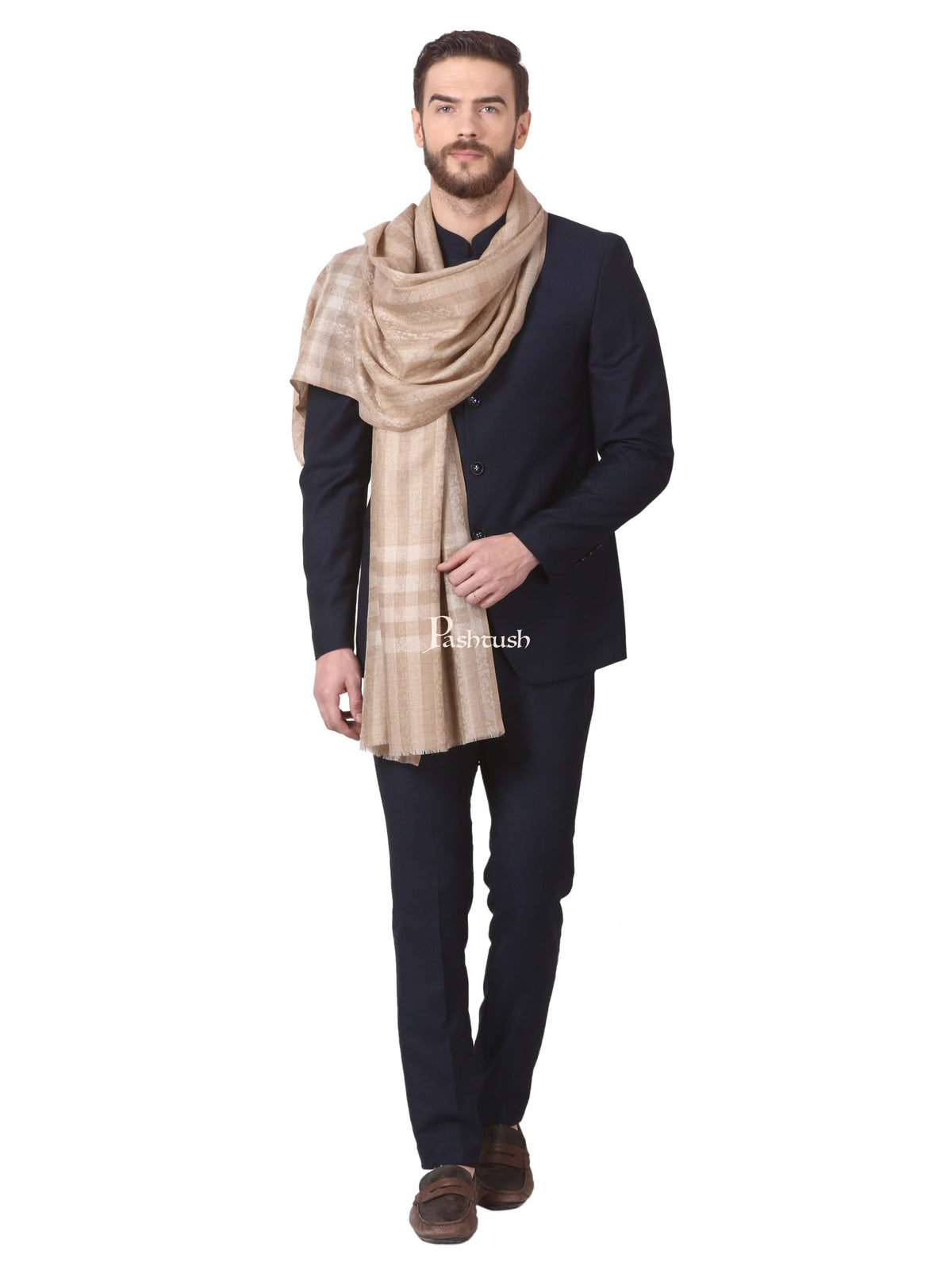 Pashtush India Mens Scarves Stoles and Mufflers Pashtush Woven Mens Fine Wool Stole, Check-Stipe Design, (Beige)