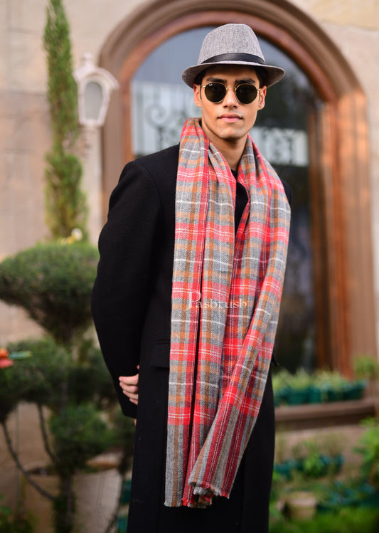 Pashtush India Mens Scarves Stoles and Mufflers Pashtush Woven Mens Fine Wool Stole, Check-Stipe Design, Red and Grey