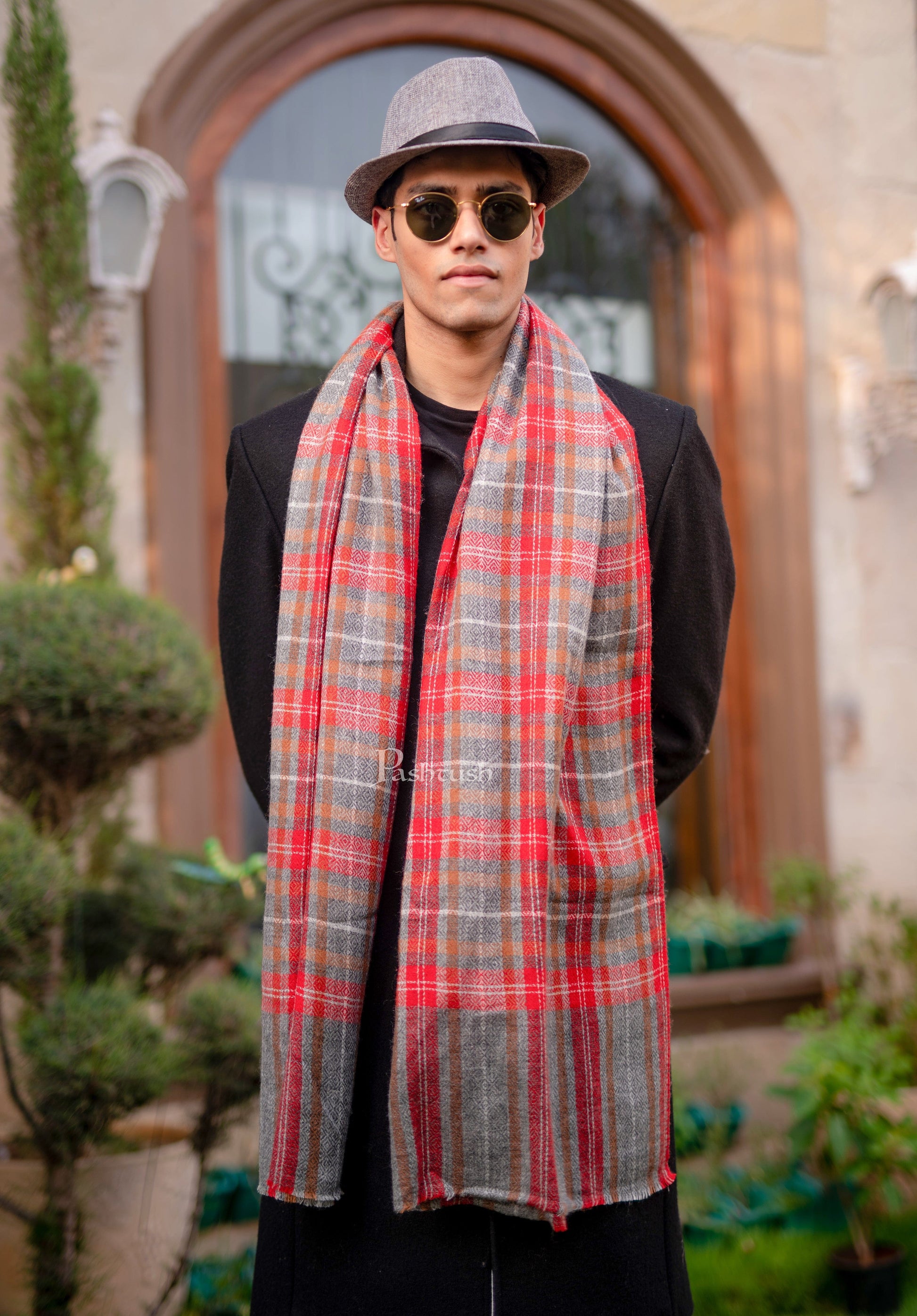 Pashtush India Mens Scarves Stoles and Mufflers Pashtush Woven Mens Fine Wool Stole, Check-Stipe Design, Red and Grey