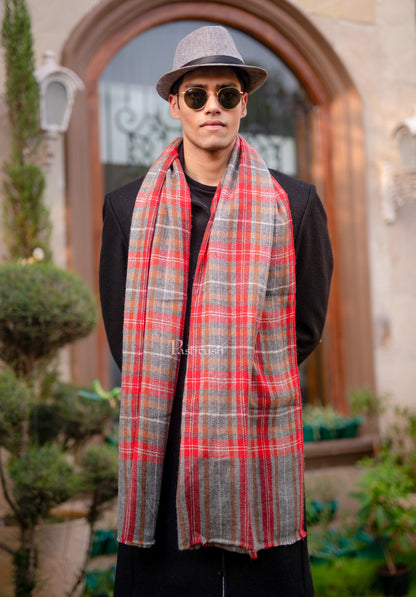 Pashtush India Mens Scarves Stoles and Mufflers Pashtush Woven Mens Fine Wool Stole, Check-Stipe Design, Red and Grey