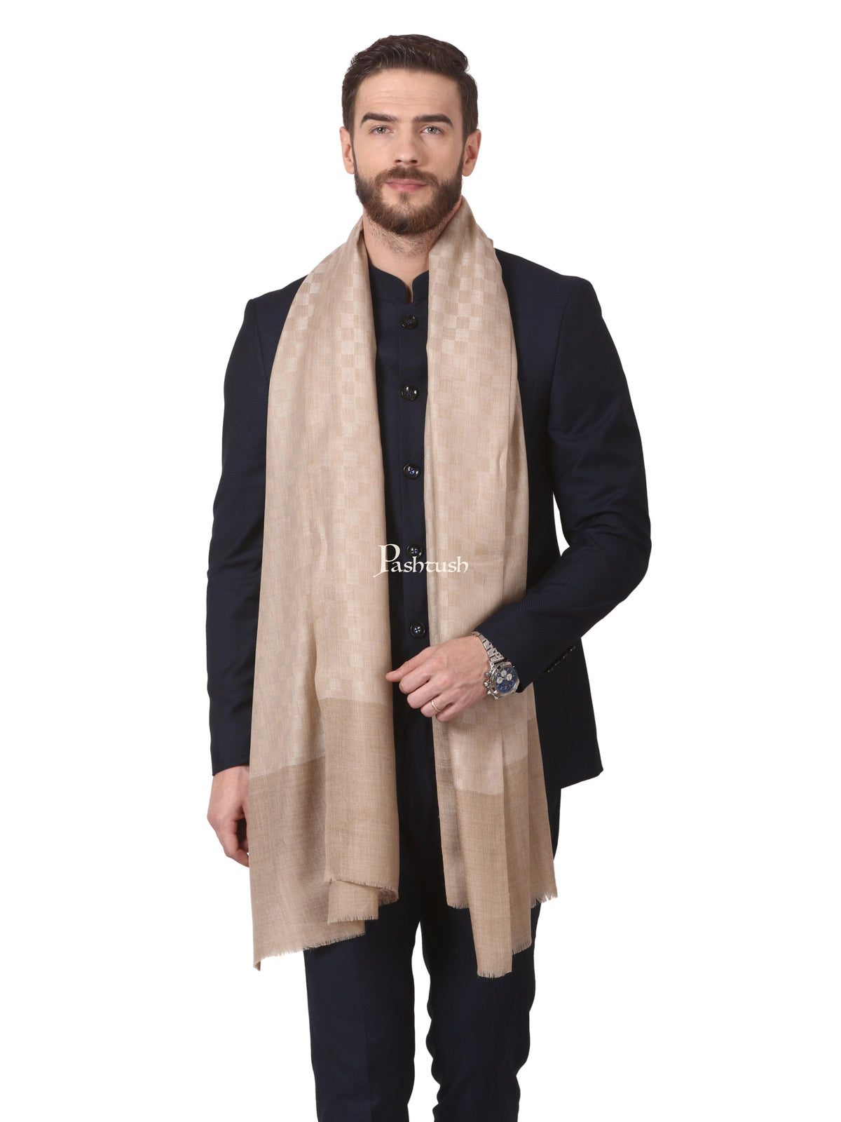 Pashtush India Mens Scarves Stoles and Mufflers Pashtush Woven Mens Fine Wool Stole, Checks Mens Muffler, Warm Cashmere Feel