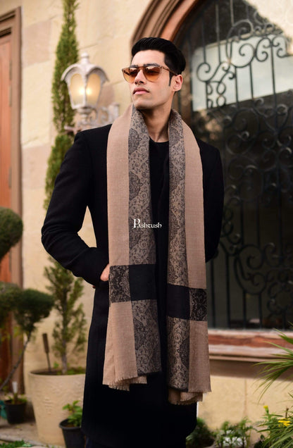 Pashtush India Gift Pack Pashtush Woven Mens Fine Wool Stole, Jacquard Weave, Muffler, Warm Cashmere Feel Light Beige