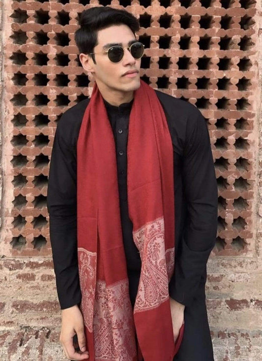 Pashtush Woven Mens Fine Wool Stole, Check-Stipe Design, Mens Muffler, Warm Cashmere Feel (Maroon)