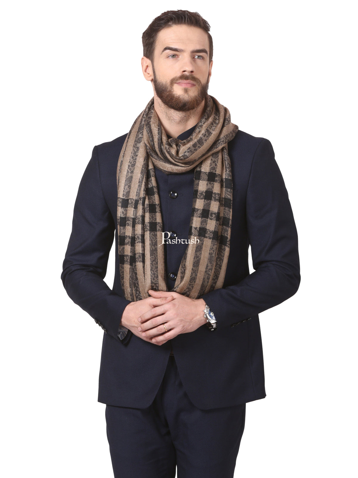 Pashtush India Mens Scarves Stoles and Mufflers Pashtush Woven Mens Stole, Check-Stripe Design, Mens Muffler, Warm Cashmere Feel (Black)