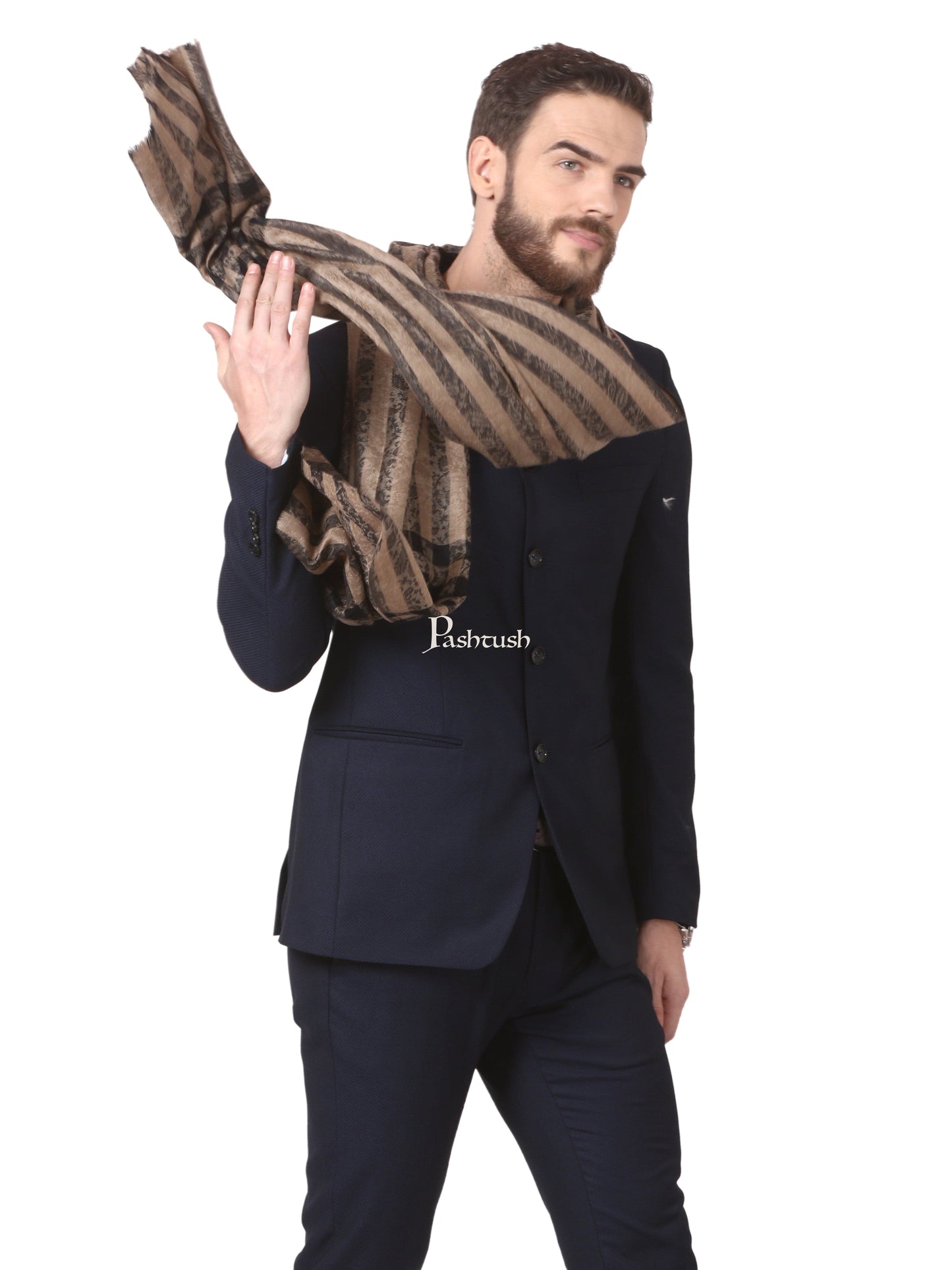 Pashtush India Mens Scarves Stoles and Mufflers Pashtush Woven Mens Stole, Check-Stripe Design, Mens Muffler, Warm Cashmere Feel (Black)