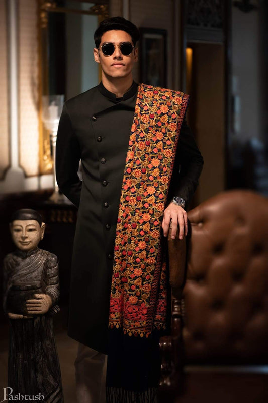 Pashtush Mens Embroidery Stole, Black