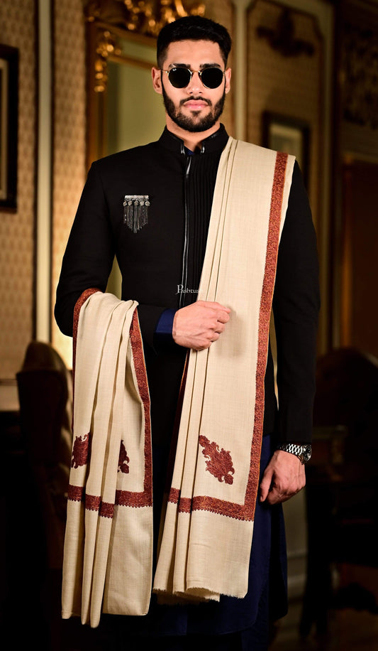 Pashtush India 127x254 Pashutsh Mens Shawl, Kashmiri Embroidery Haashia Dushala, Beige