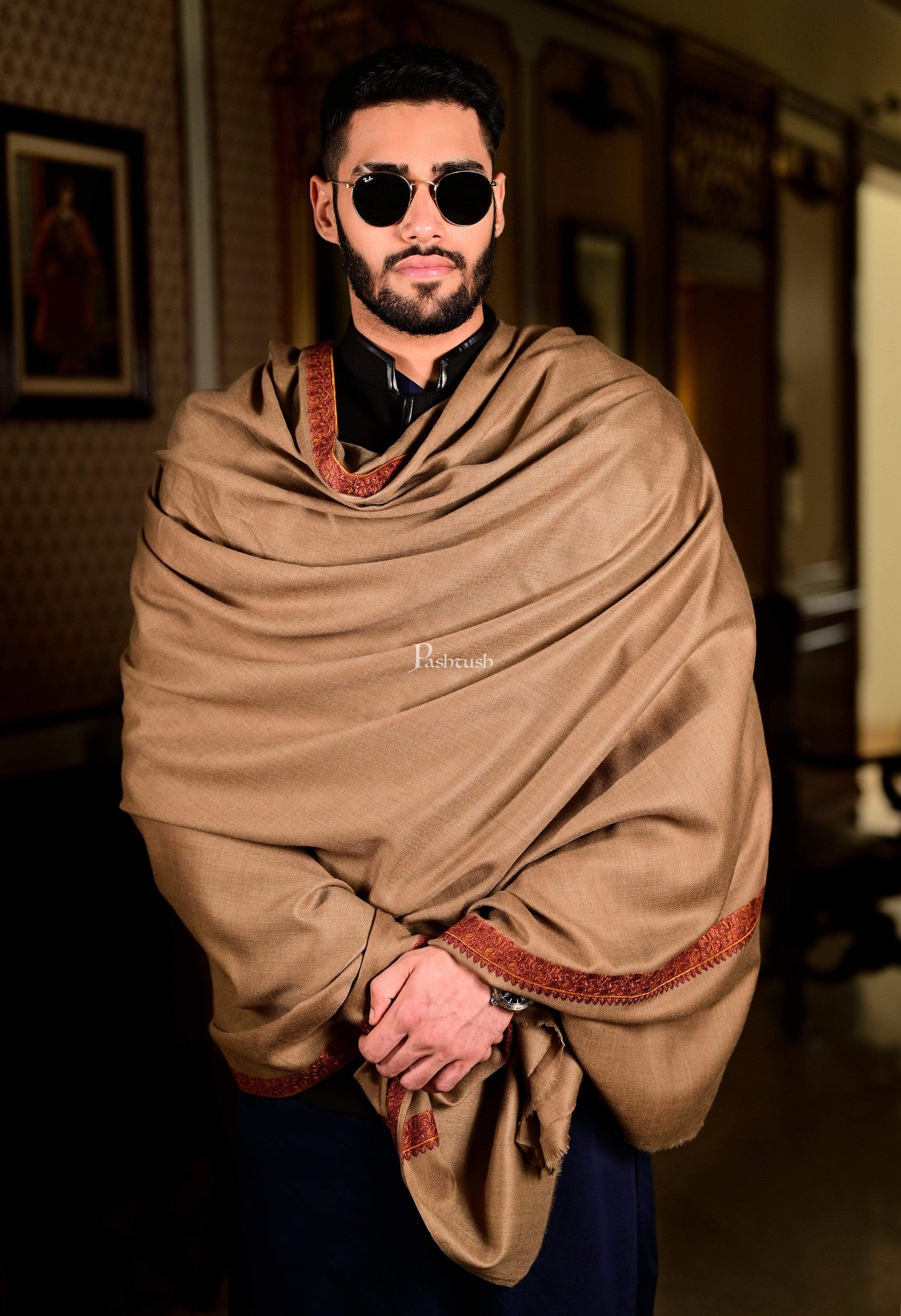 Pashtush India 127x254 Pashutsh Mens Shawl, Kashmiri Embroidery Haashia Dushala, Taupe