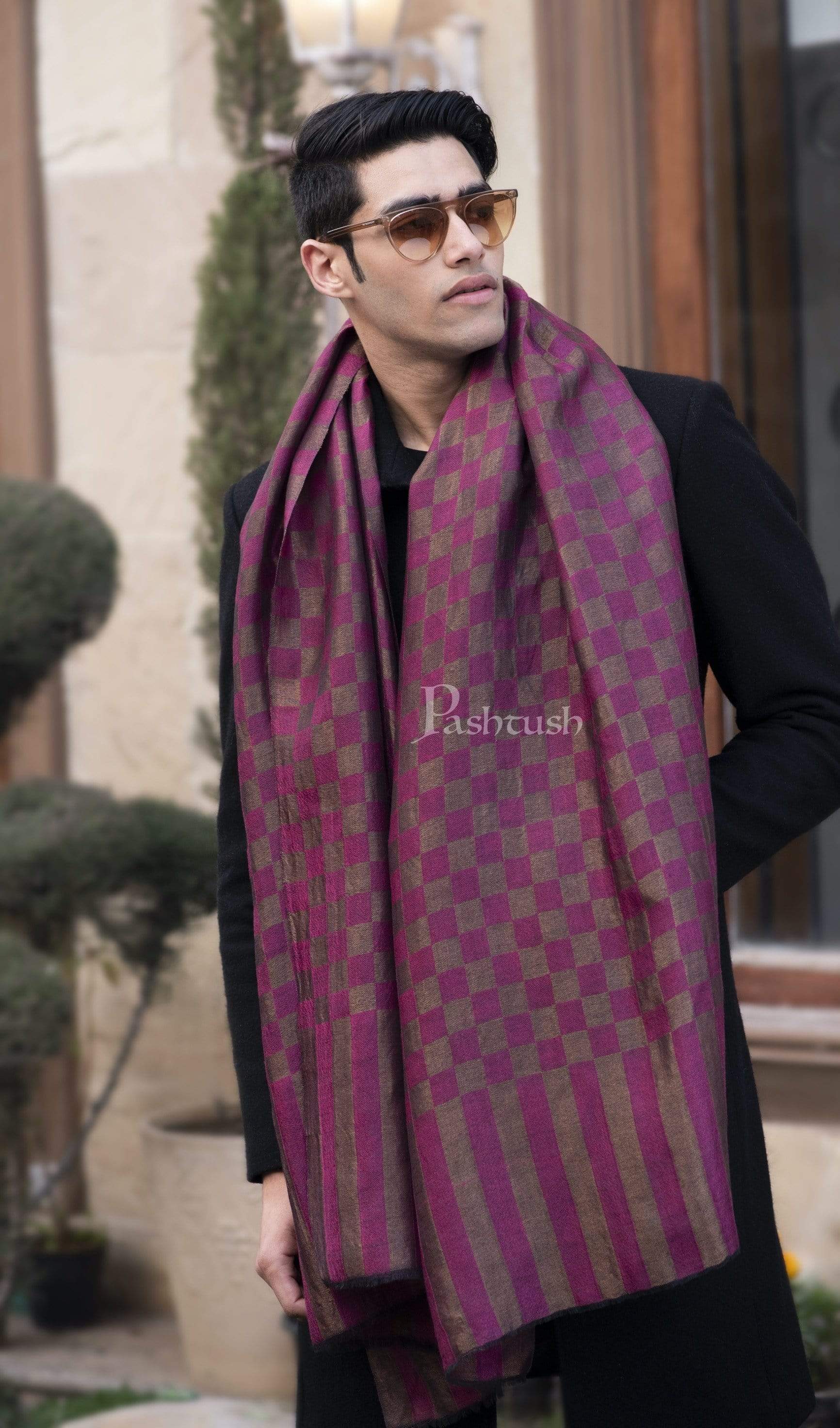 Pashtush India 70x200 Pashutsh Mens Twilight Collection, Checkered Metallic Thread Weave, Fine Wool
