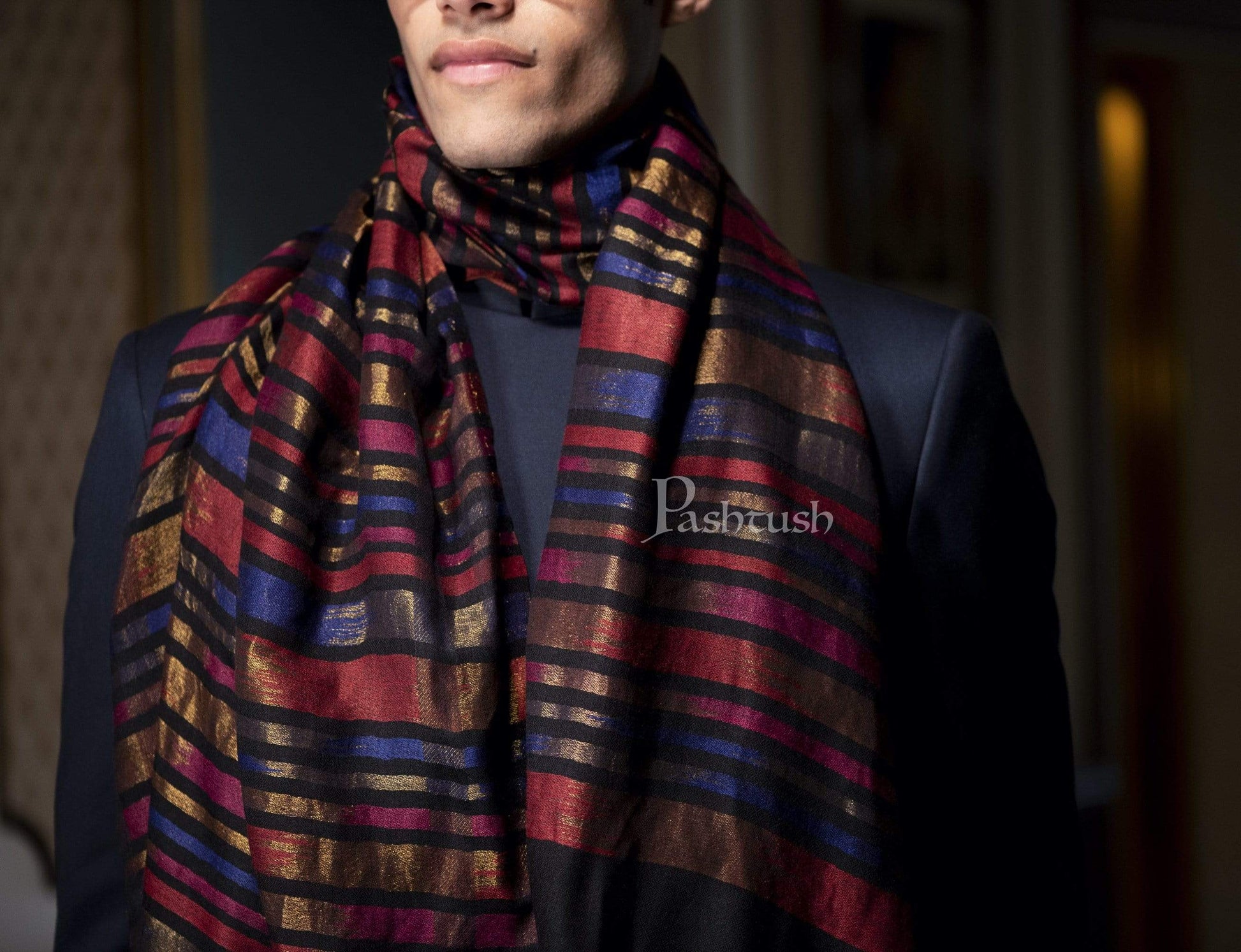 Pashtush India 70x200 Pashutsh Mens Twilight Collection, Reversible With Metallic Thread Weave, Fine Wool