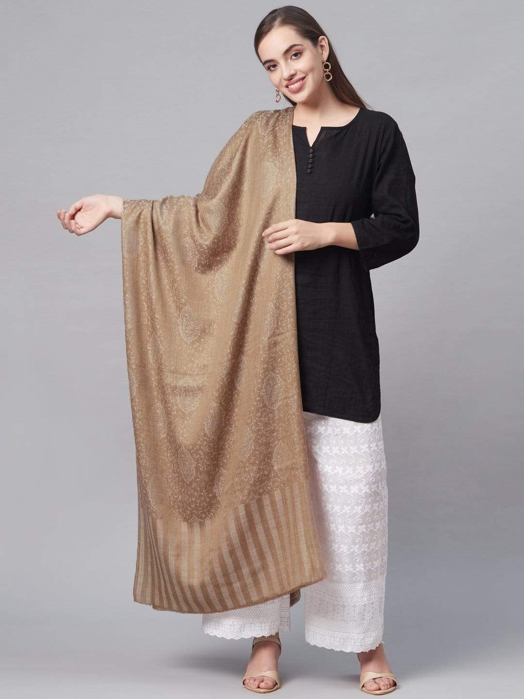 Pashtush India 70x200 Pashutsh Women Beige  Taupe Ethnic Motifs Woven Design Designer Shawl