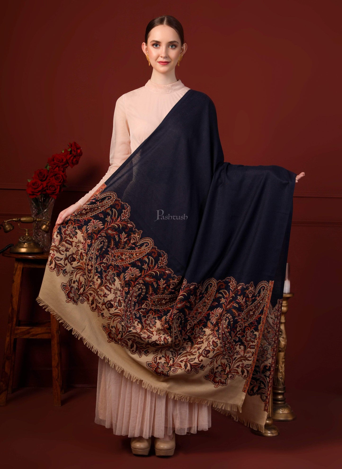 Pashtush India 100x200 Pashutsh Women Navy Blue Woven Design Detail Designer Shawl