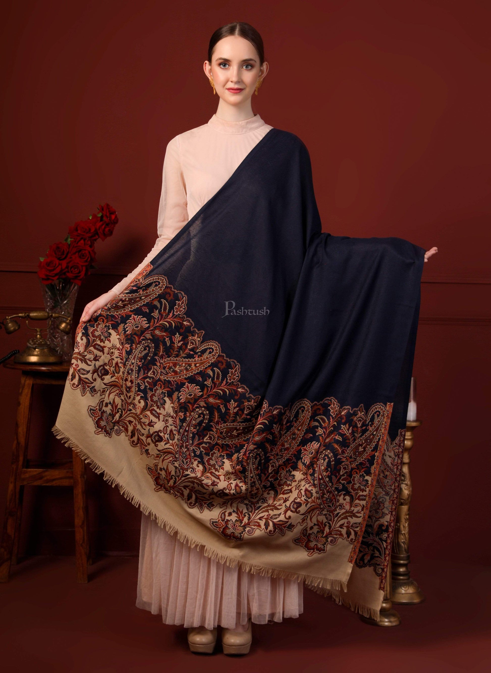 Pashtush India 100x200 Pashutsh Women Navy Blue Woven Design Detail Designer Shawl