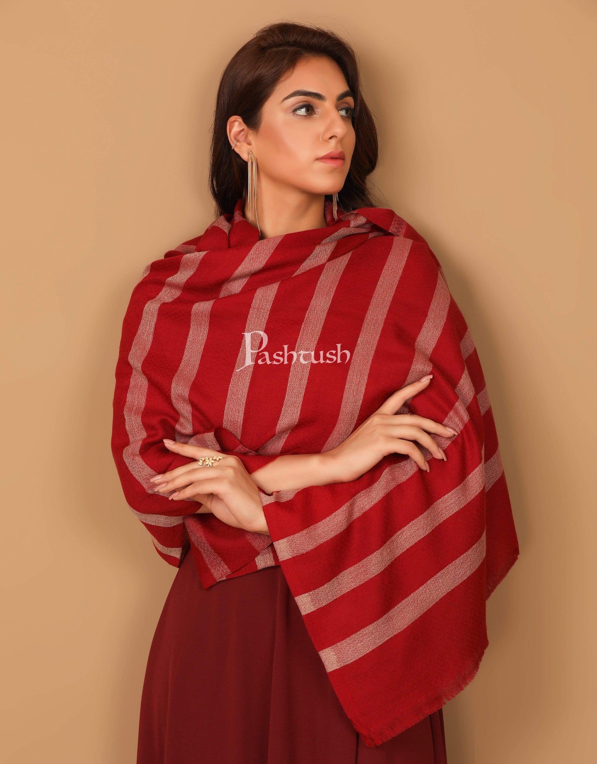Pashtush India 70x200 Pashutsh Womens Extra Fine Wool, Striped Woven Scarf, Crimson Maroon
