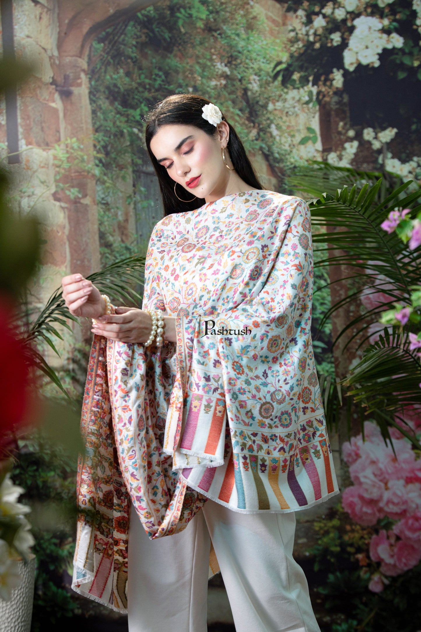 Pashtush India Womens Shawls Pashutsh Womens Gulaabdar Ethnic Weave Shawl, Faux Pashmina, Twilight Collection, Ivory
