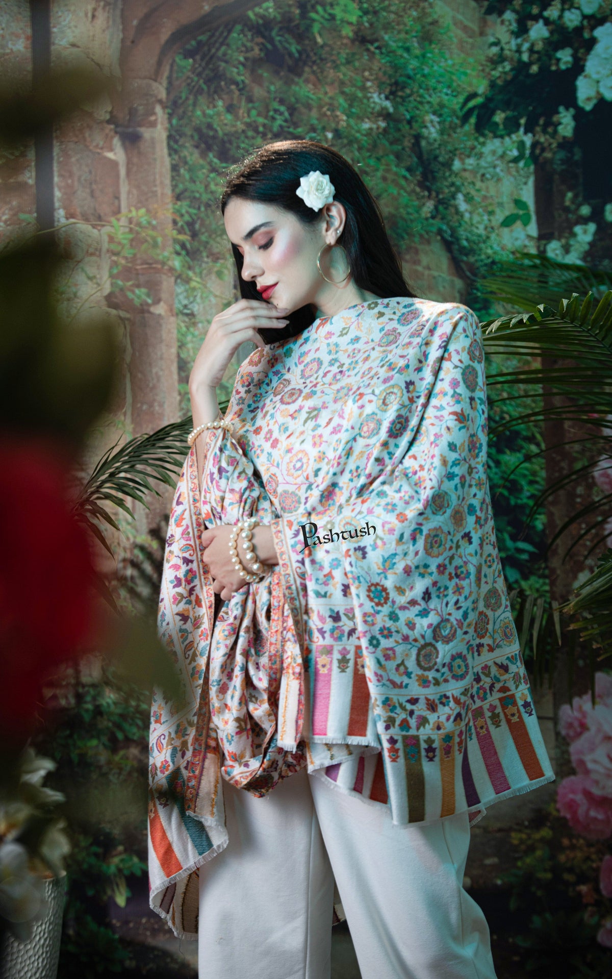 Pashtush India Womens Shawls Pashutsh Womens Gulaabdar Ethnic Weave Shawl, Faux Pashmina, Twilight Collection, Ivory