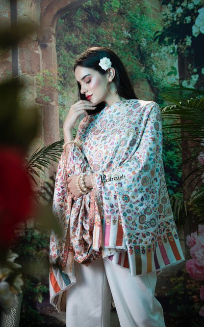 Pashtush India Womens Shawls Pashutsh Womens Gulaabdar Ethnic Weave Shawl, Faux Pashmina, Twilight Collection, Ivory