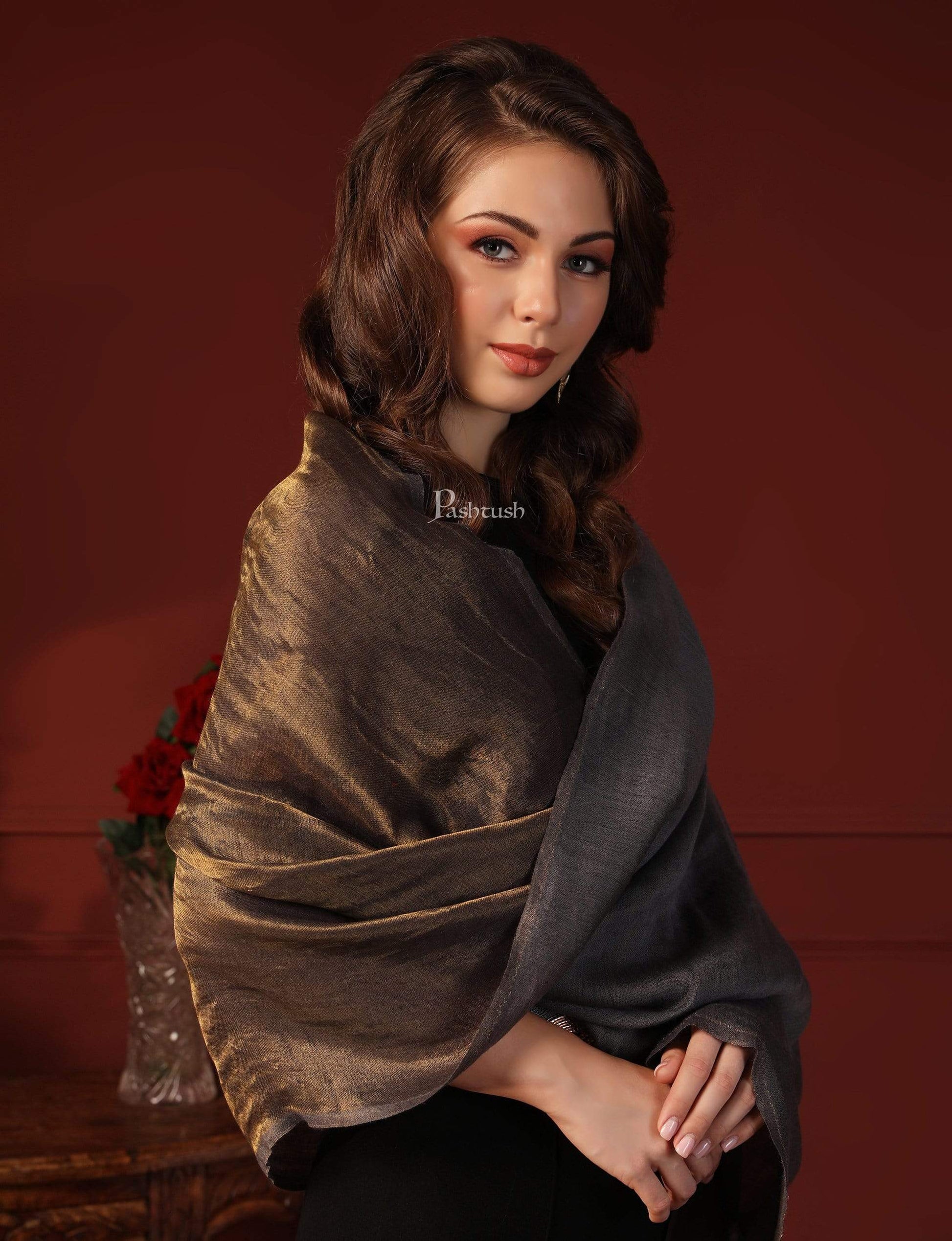 Pashtush India 70x200 Pashutsh Womens Twilight Scarf, With Shimmery Zari Thread Weave, Grey Gold