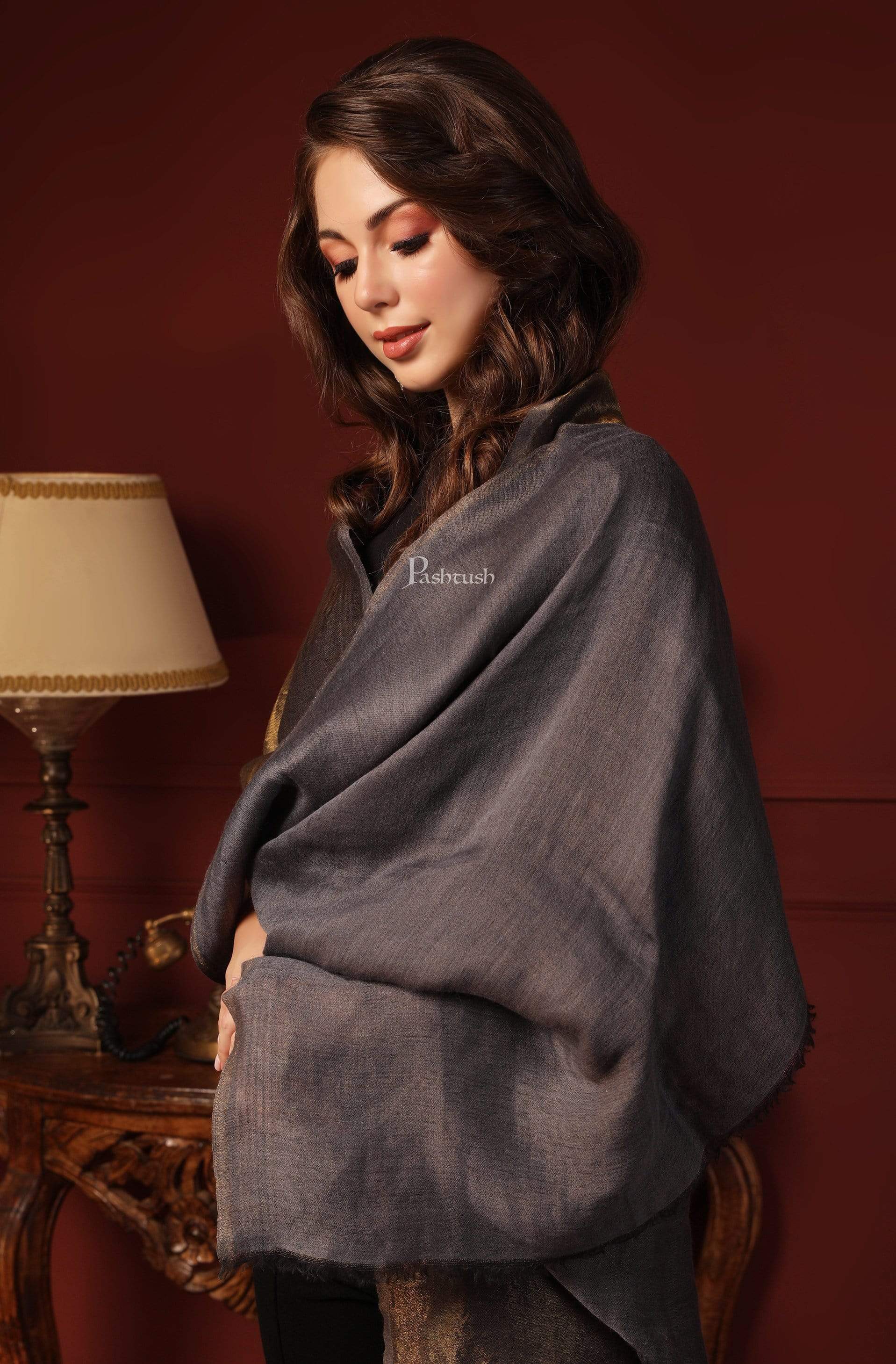 Pashtush India 70x200 Pashutsh Womens Twilight Scarf, With Shimmery Zari Thread Weave, Grey Gold