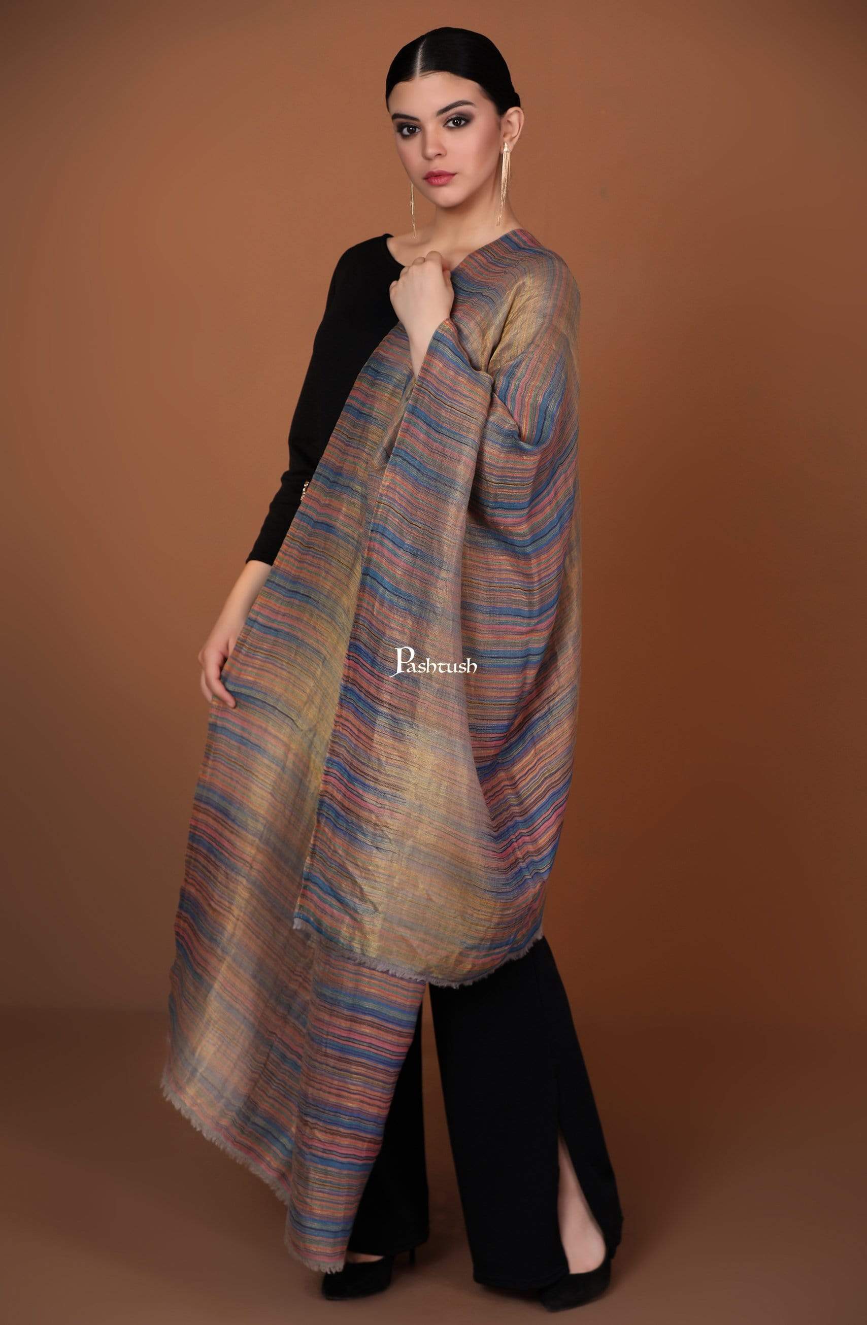 Pashtush India 70x200 Pashutsh Womens Twilight Striped Scarf, With Shimmery Zari Thread Weave