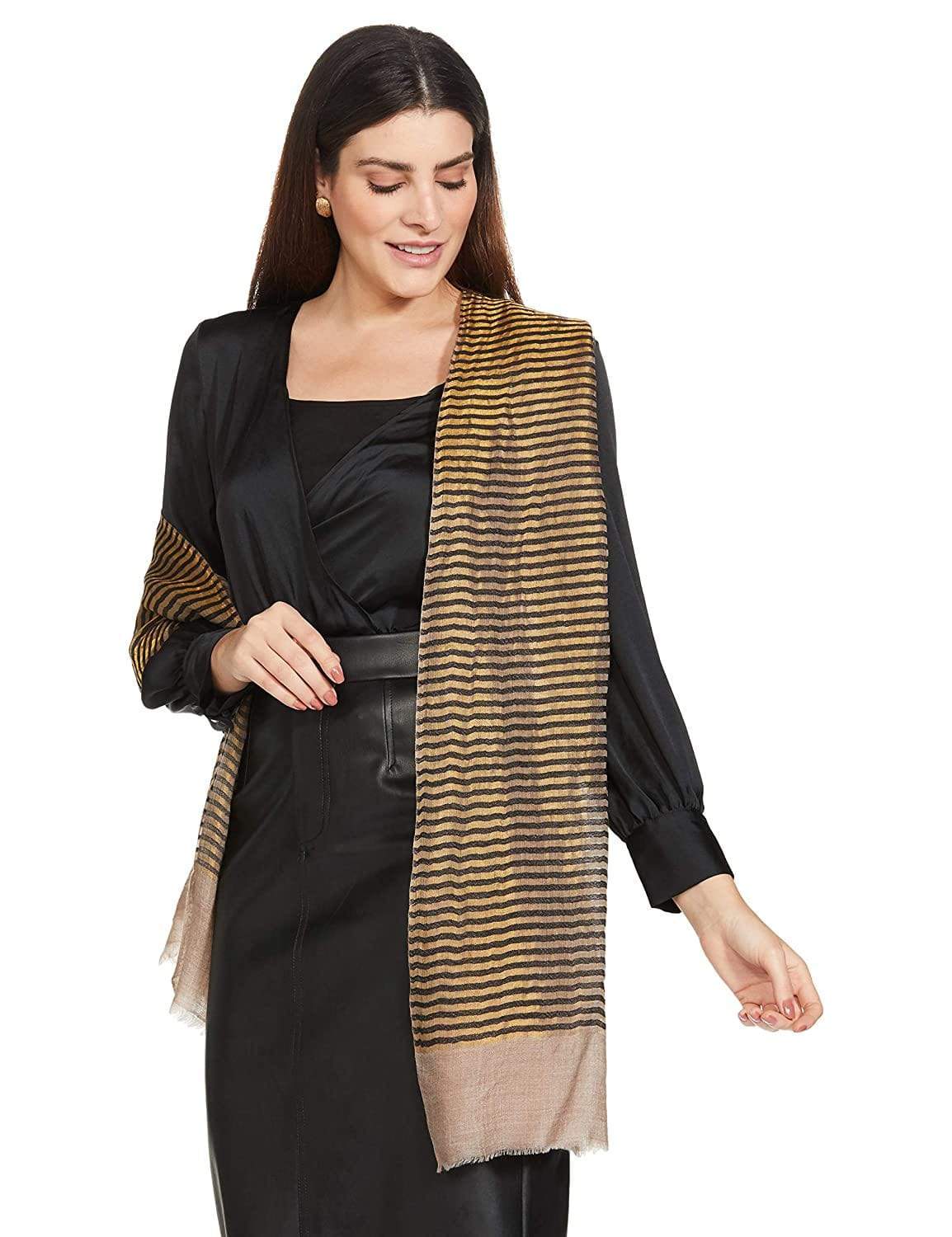 Pashtush India 70x200 Pashutsh Womens Twilight Striped Scarf, With Shimmery Zari Thread Weave