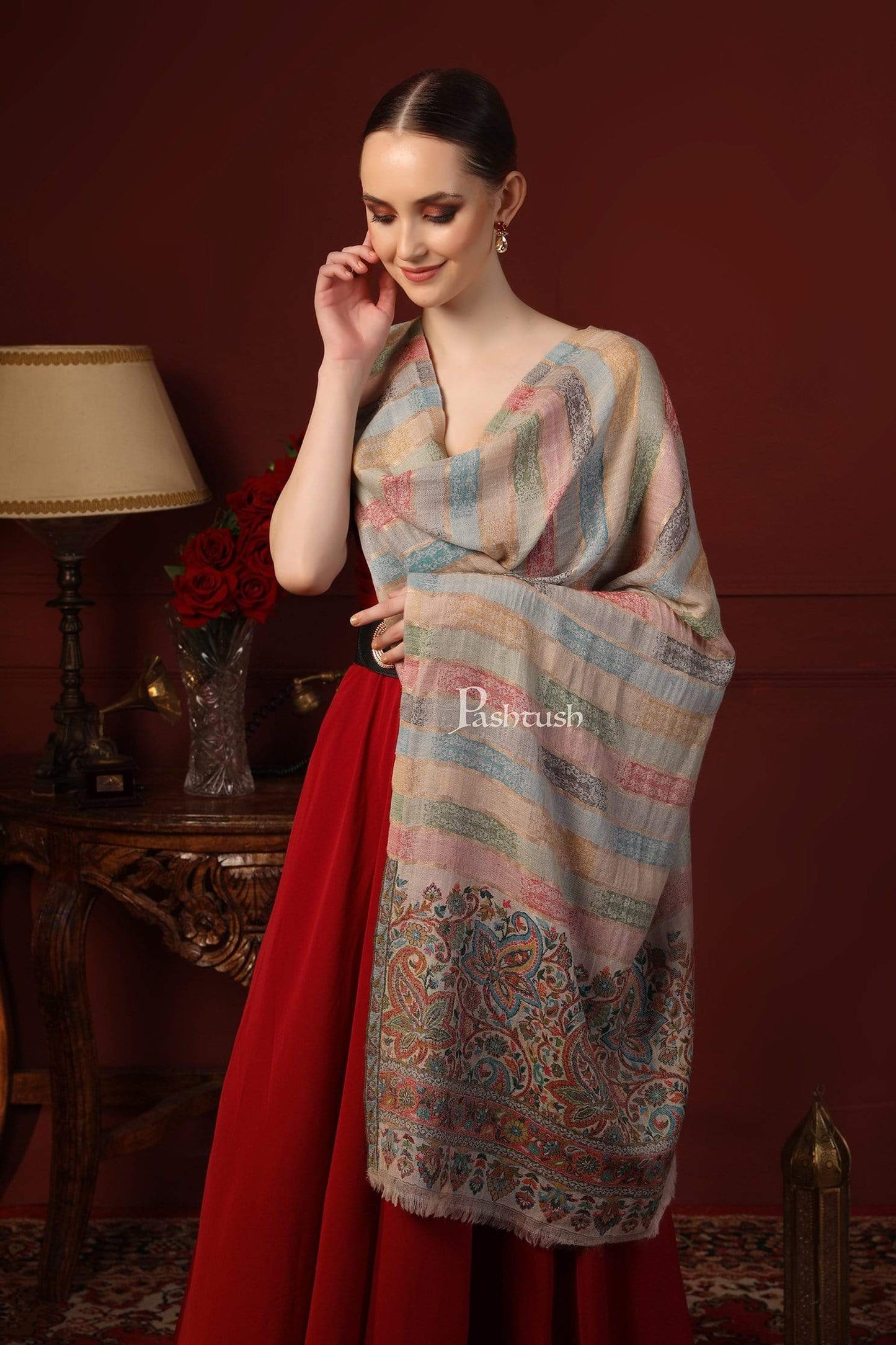 Pashtush India 70x200 Pashutsh Womens Twilight Striped Scarf, With Shimmery Zari Thread Weave