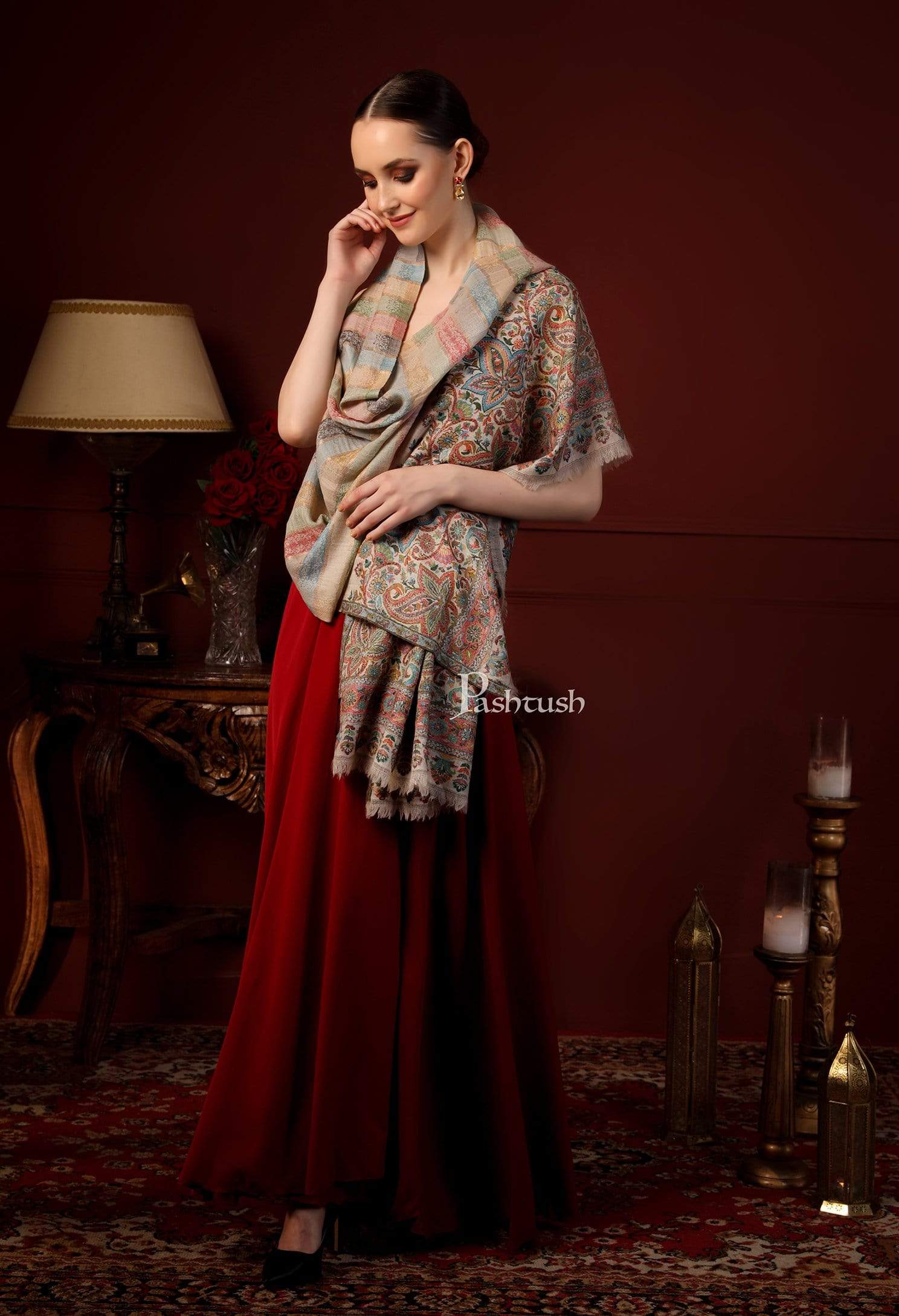 Pashtush India 70x200 Pashutsh Womens Twilight Striped Scarf, With Shimmery Zari Thread Weave