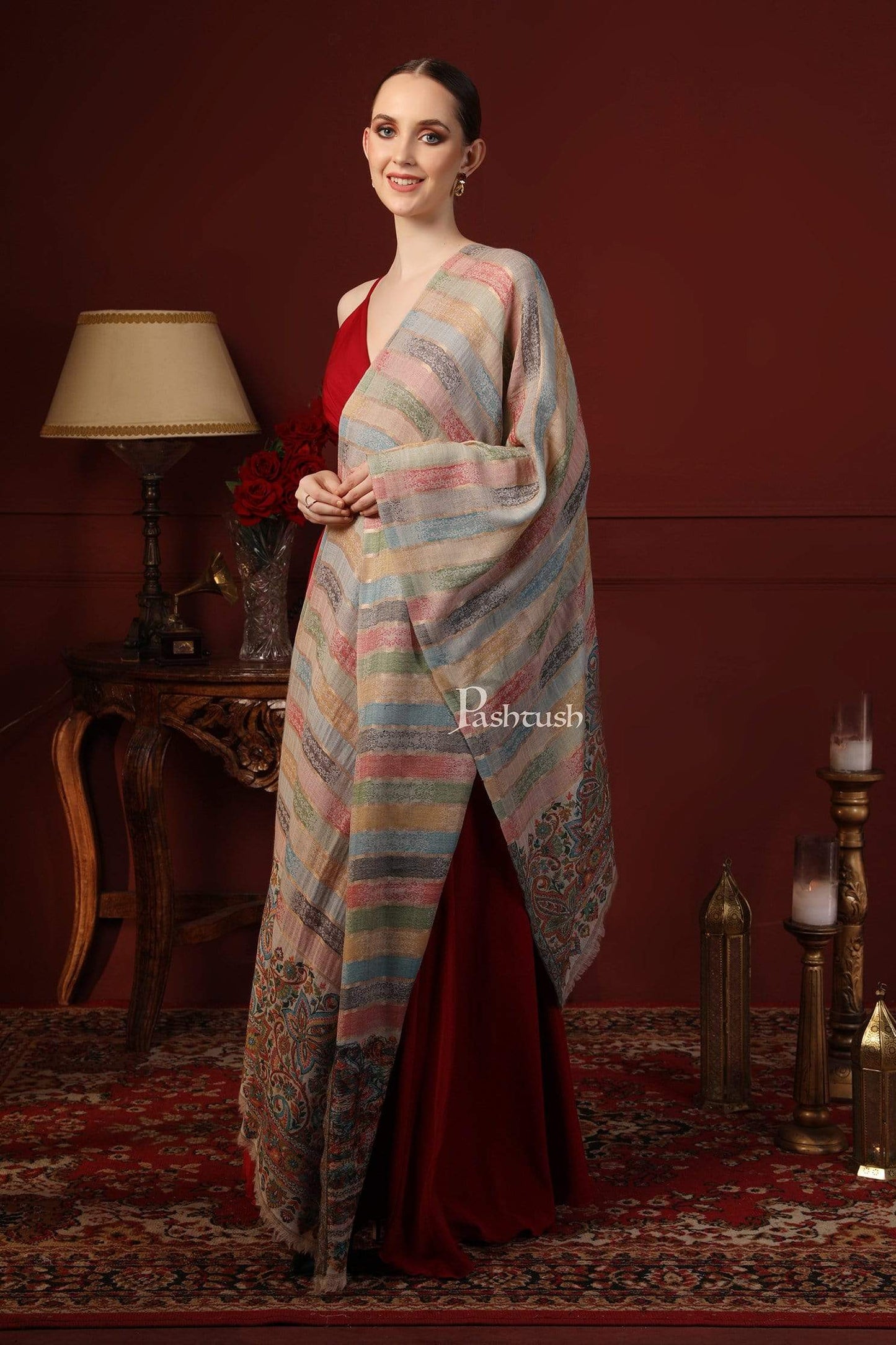 Pashtush India 70x200 Pashutsh Womens Twilight Striped Scarf, With Shimmery Zari Thread Weave