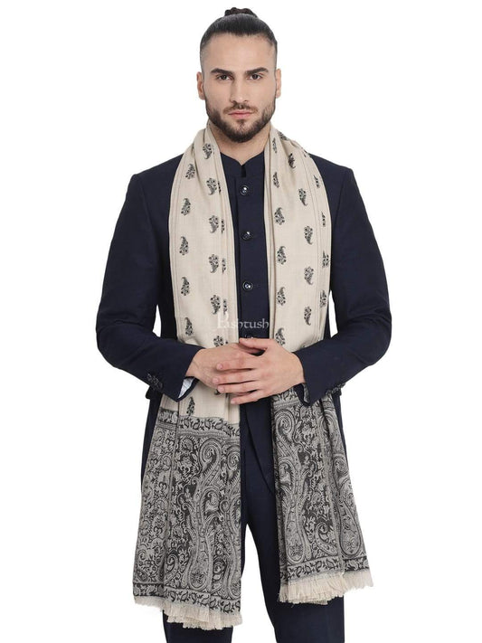 Pashwool 100x200 Pashwool Mens Embroidered Stole, Kashmiri Stitch, With Woven Jamawar Palla