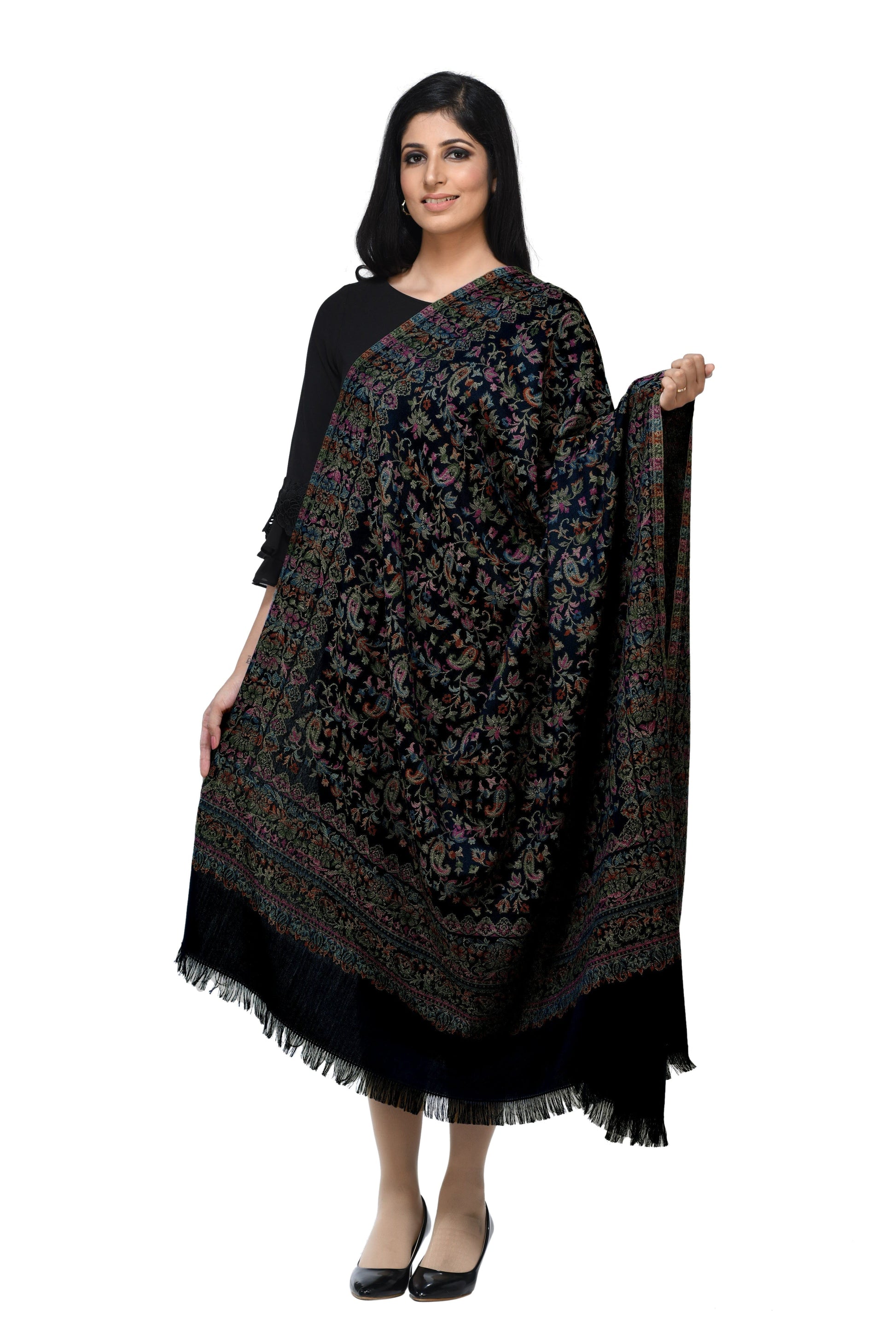Pashwool Womens Shawls Pashwool Womens Ethnic Design Shawl, Light Weight, Soft And Warm, Black