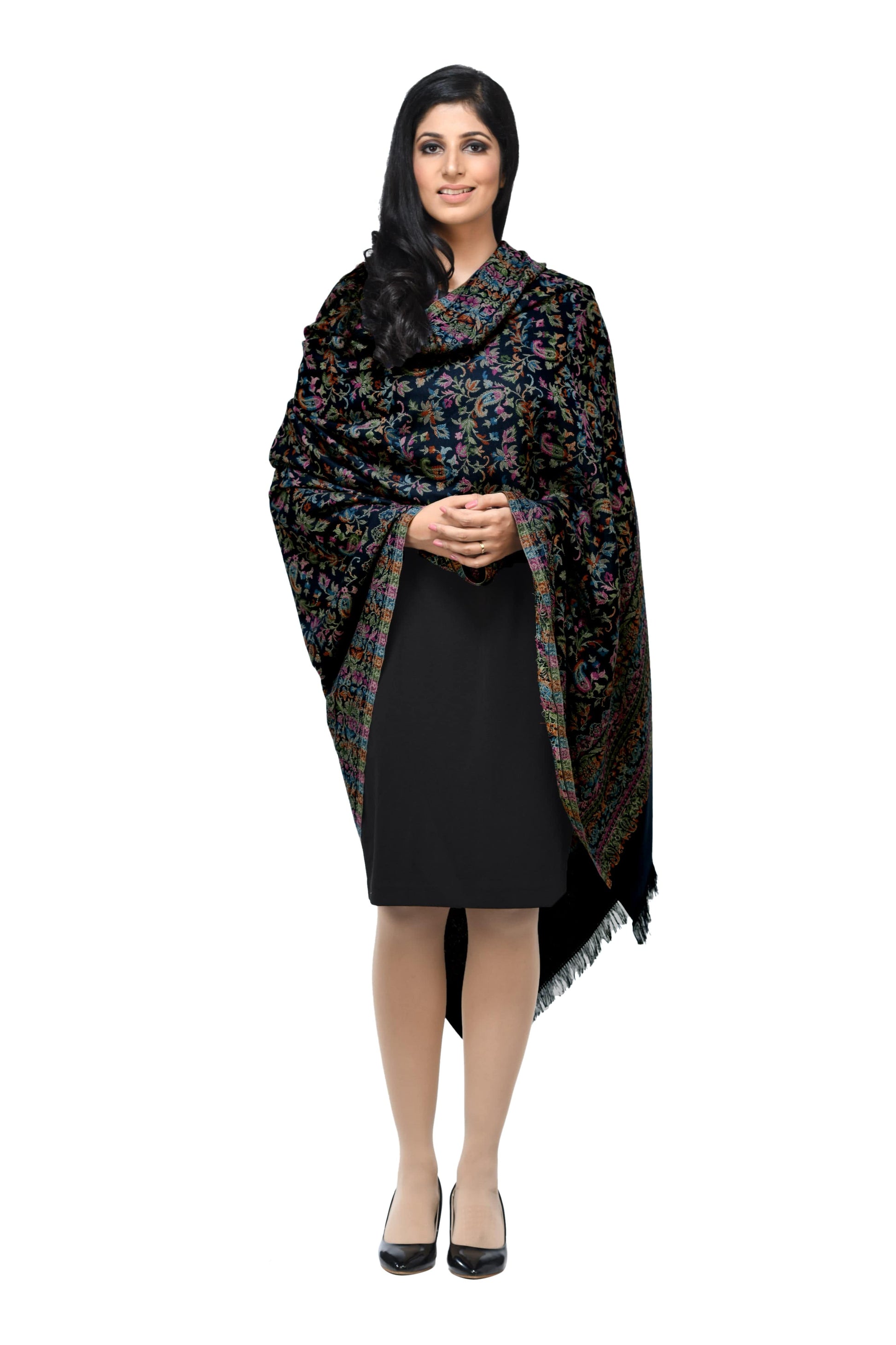 Pashwool Womens Shawls Pashwool Womens Ethnic Design Shawl, Light Weight, Soft And Warm, Black