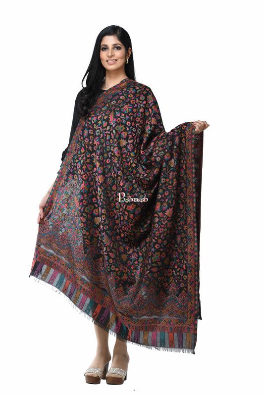 Pashwool Womens Shawls Pashwool Womens Ethnic Design Shawl, Light Weight, Soft And Warm, Black