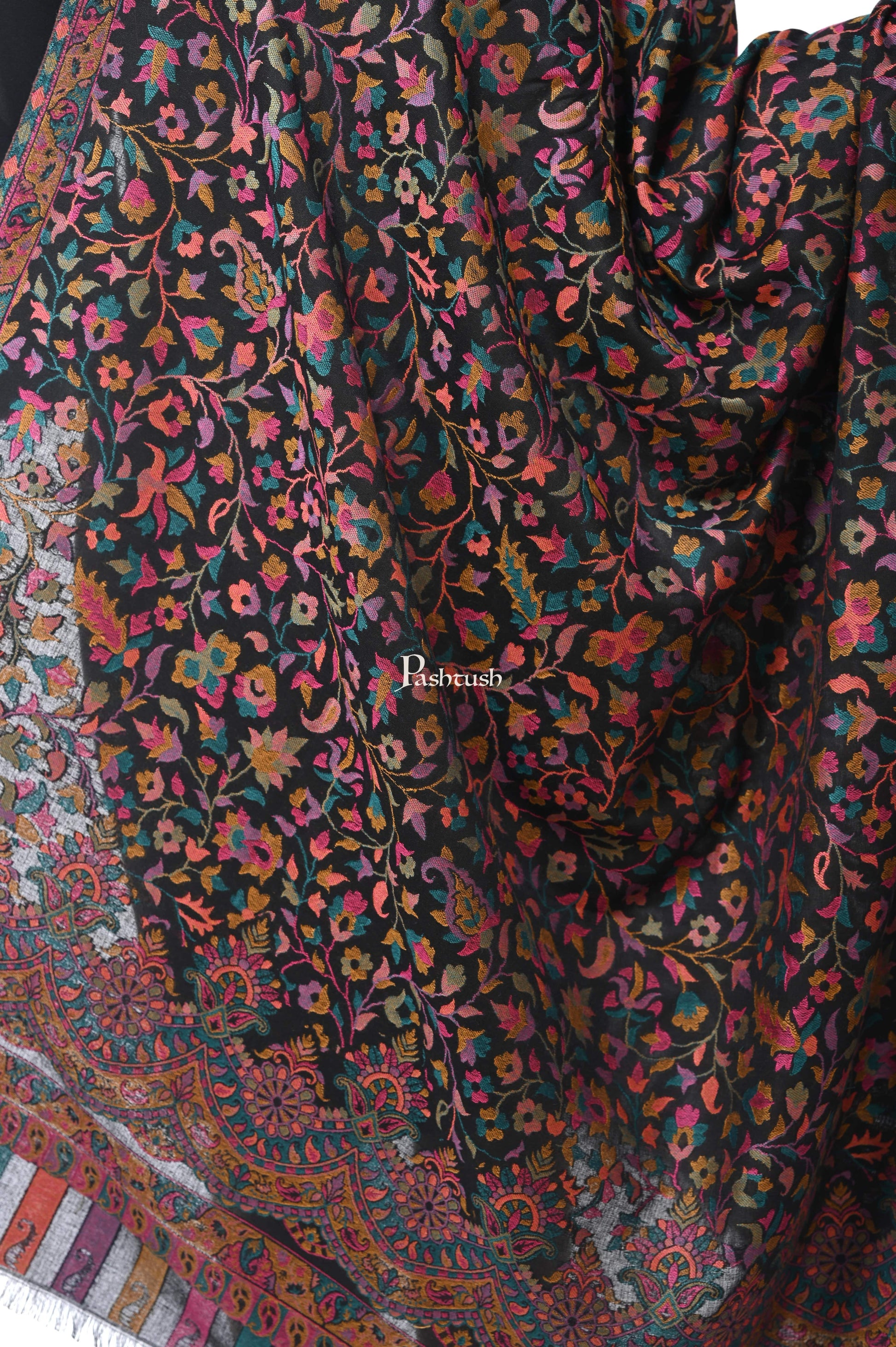 Pashwool Womens Shawls Pashwool Womens Ethnic Design Shawl, Light Weight, Soft And Warm, Black