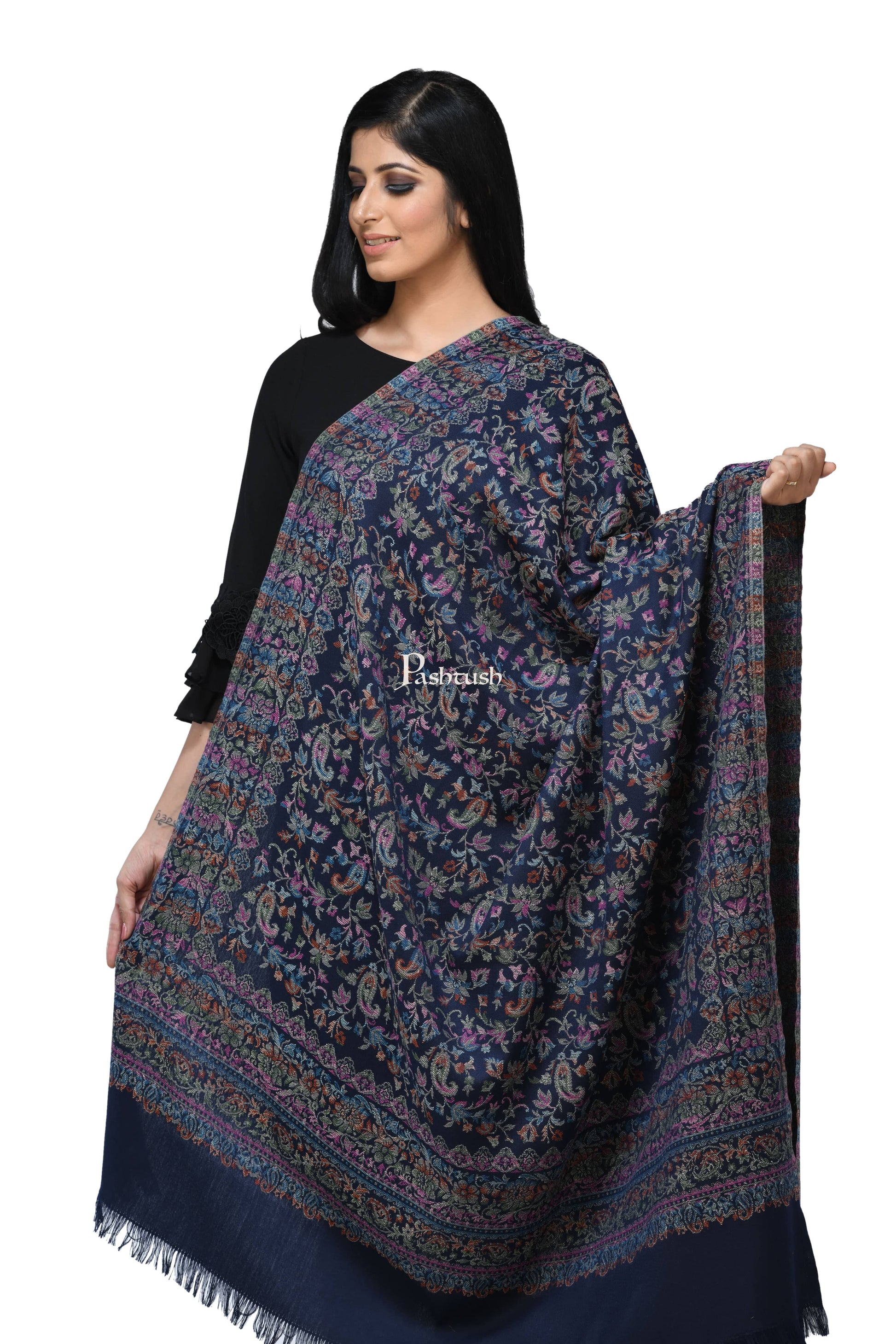 Pashwool Womens Shawls Pashwool Womens Ethnic Design Shawl, Light Weight, Soft And Warm Navy Blue