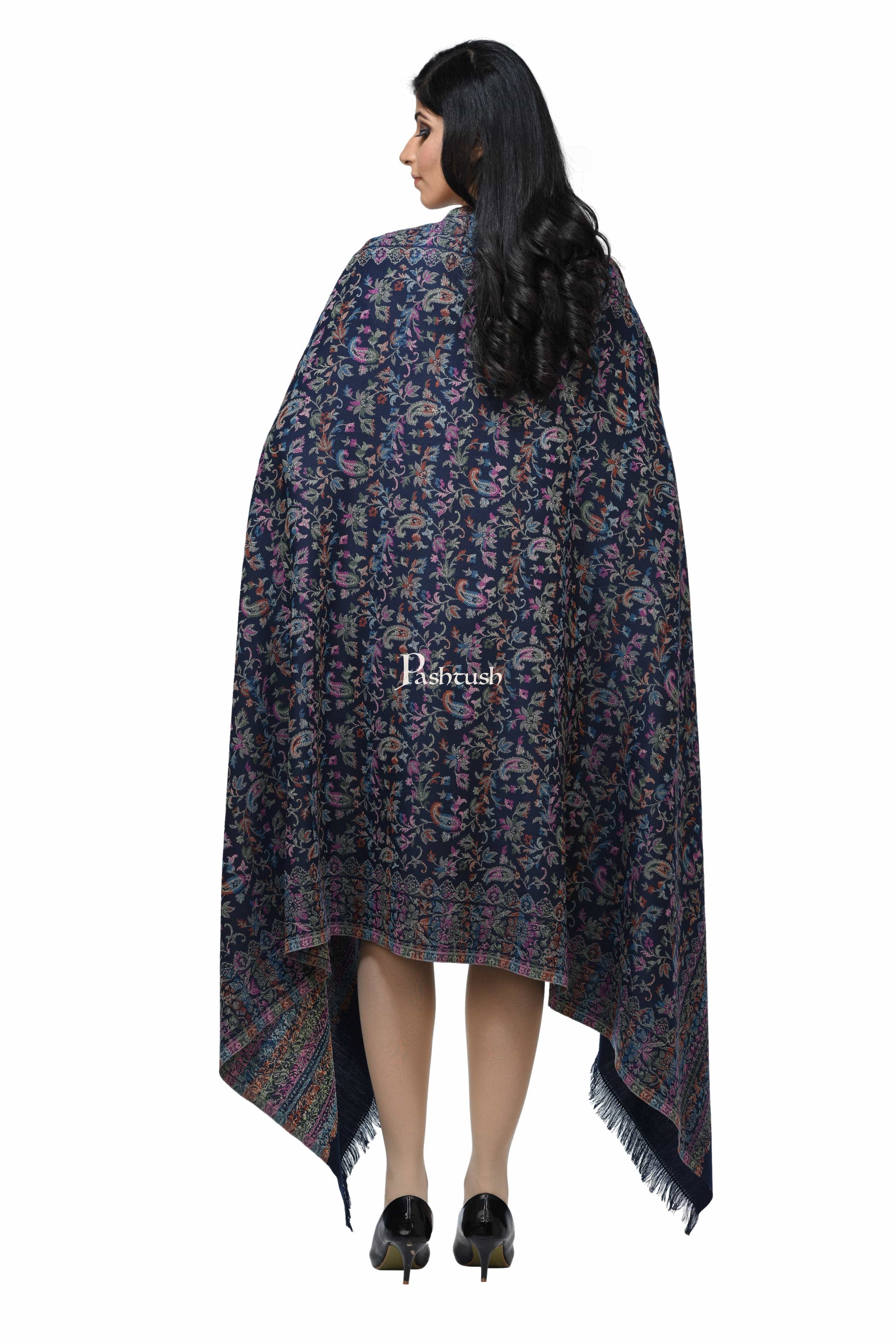 Pashwool Womens Shawls Pashwool Womens Ethnic Design Shawl, Light Weight, Soft And Warm Navy Blue