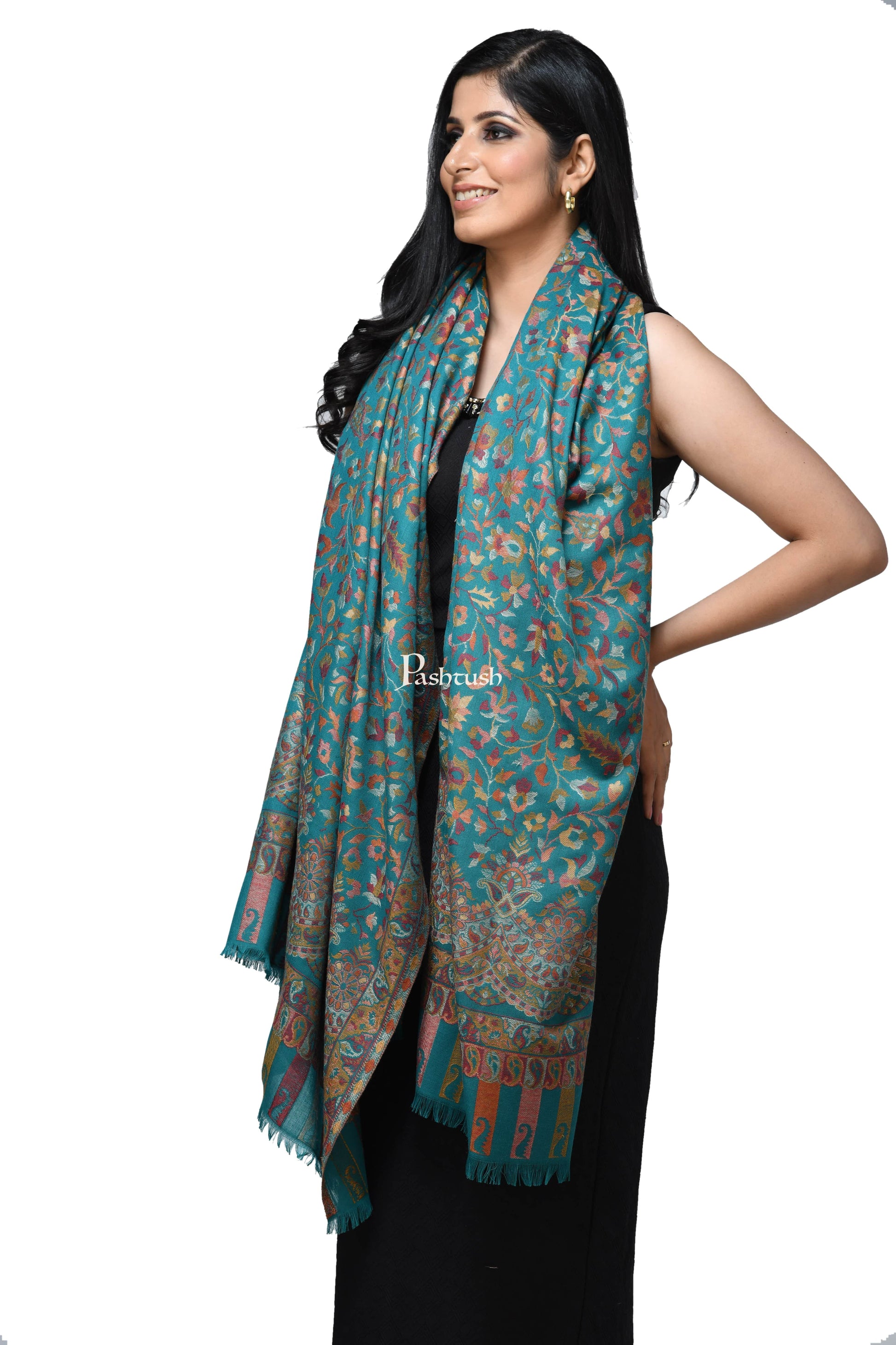 Pashwool Womens Shawls Pashwool Womens Ethnic Design Shawl, Light Weight, Soft And Warm, Sea Green