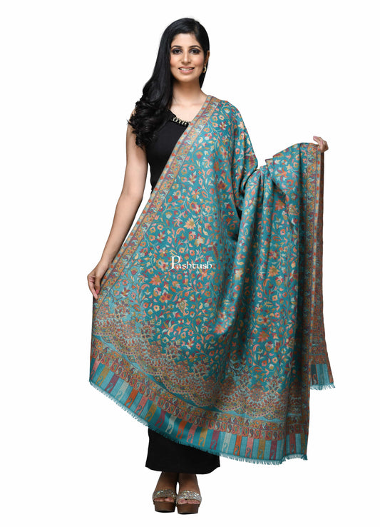 Pashwool Womens Shawls Pashwool Womens Ethnic Design Shawl, Light Weight, Soft And Warm, Sea Green