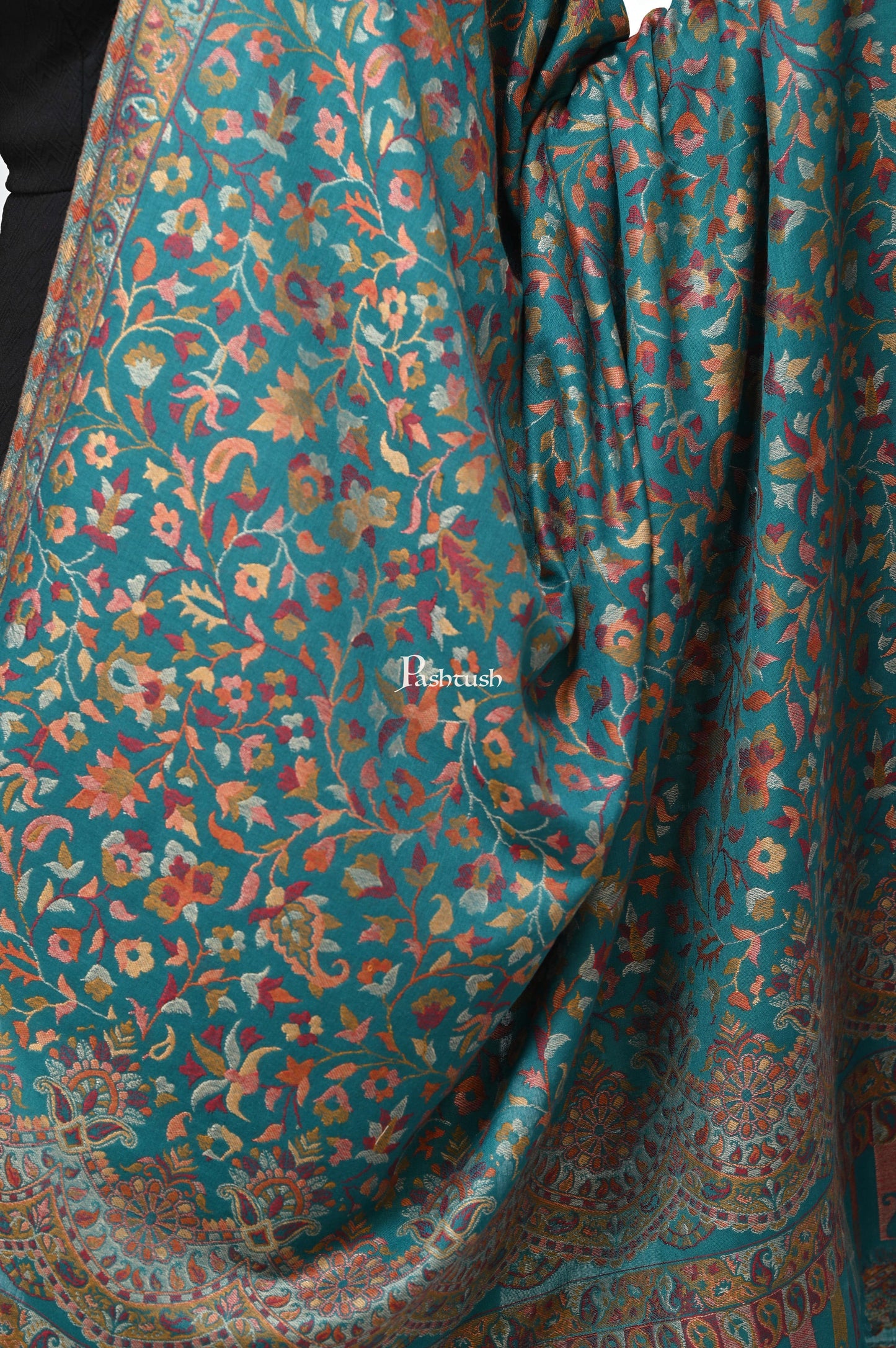 Pashwool Womens Shawls Pashwool Womens Ethnic Design Shawl, Light Weight, Soft And Warm, Sea Green