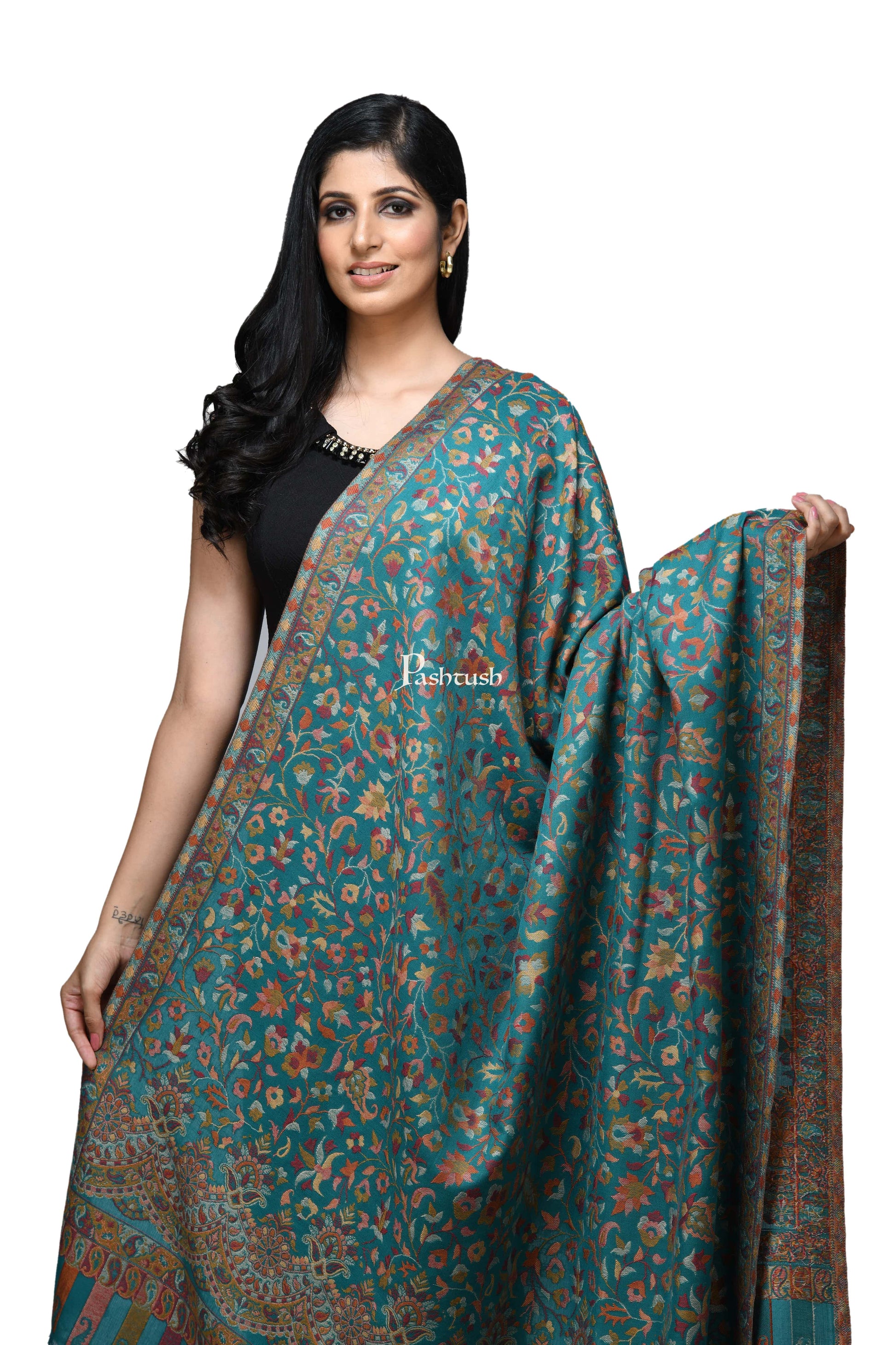 Pashwool Womens Shawls Pashwool Womens Ethnic Design Shawl, Light Weight, Soft And Warm, Sea Green