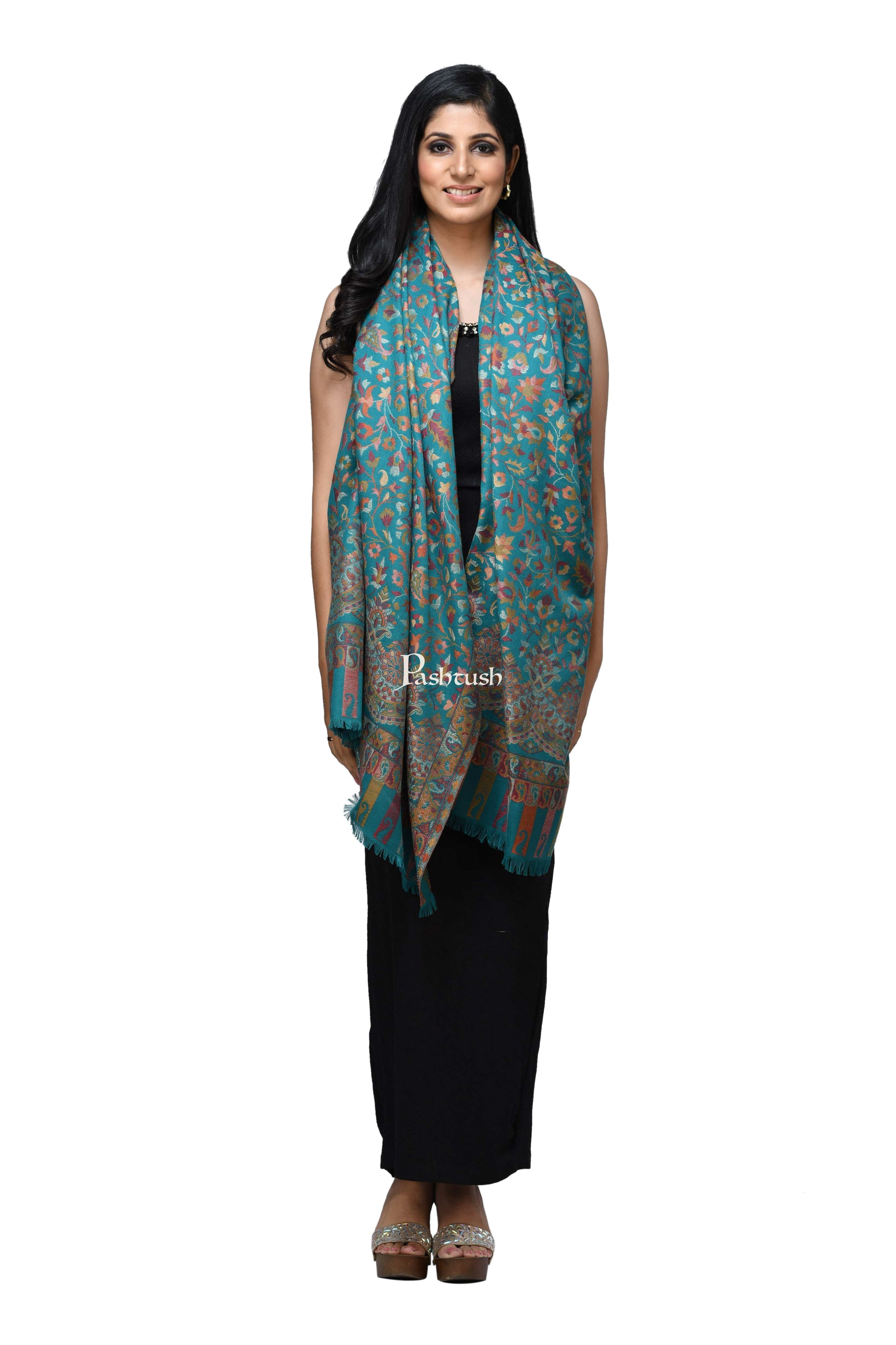 Pashwool Womens Shawls Pashwool Womens Ethnic Design Shawl, Light Weight, Soft And Warm, Sea Green