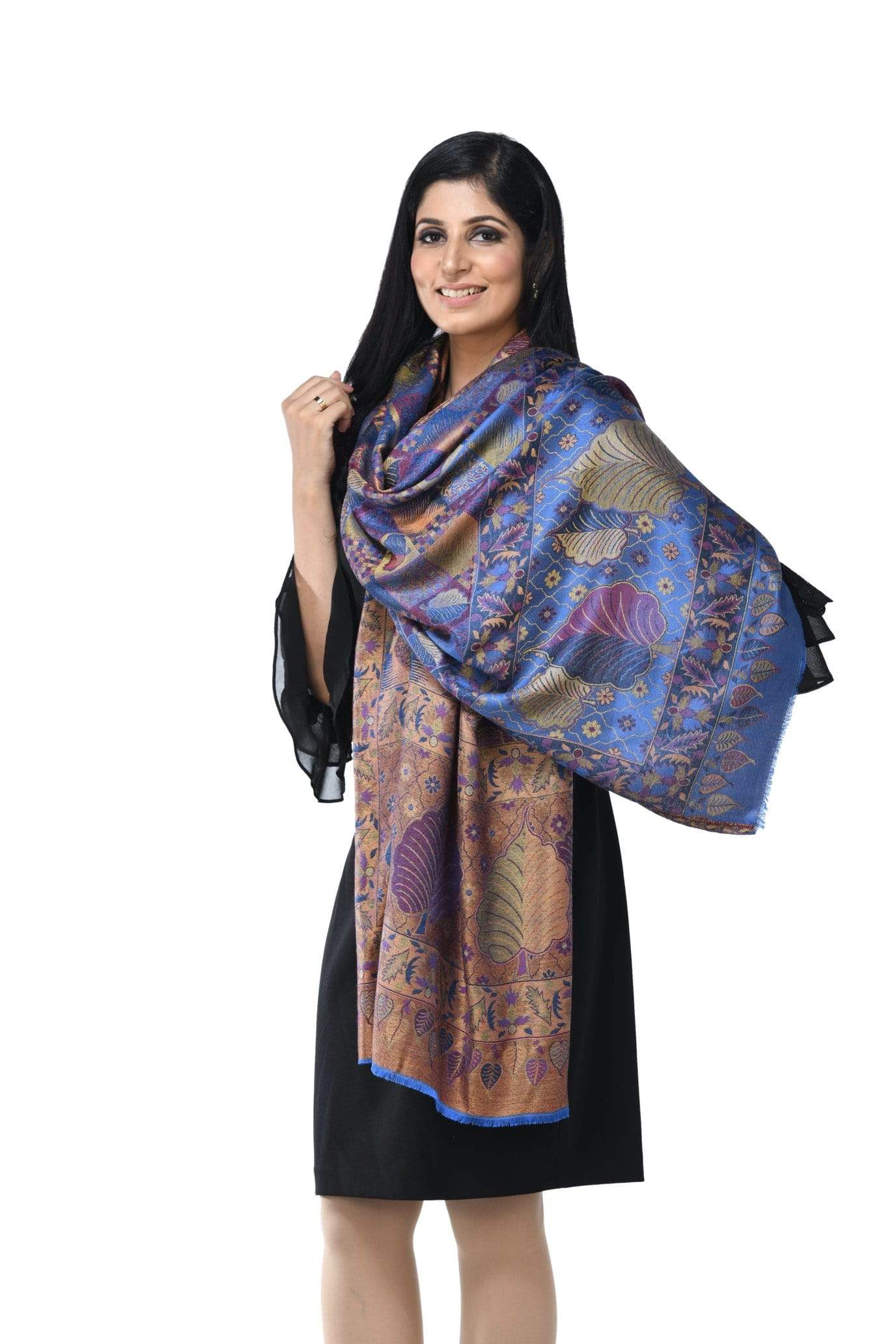Pashwool 70x200 Pashwool Womens Extra Soft Bamboo Scarf, Woven Ethnic Design, Blue