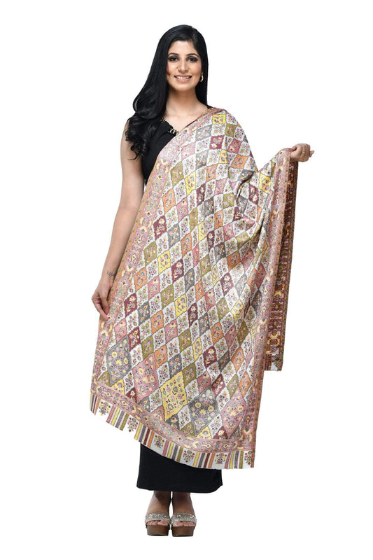 Pashwool 70x200 Pashwool Womens Extra Soft Bamboo Scarf, Woven Ethnic Design, Ivory