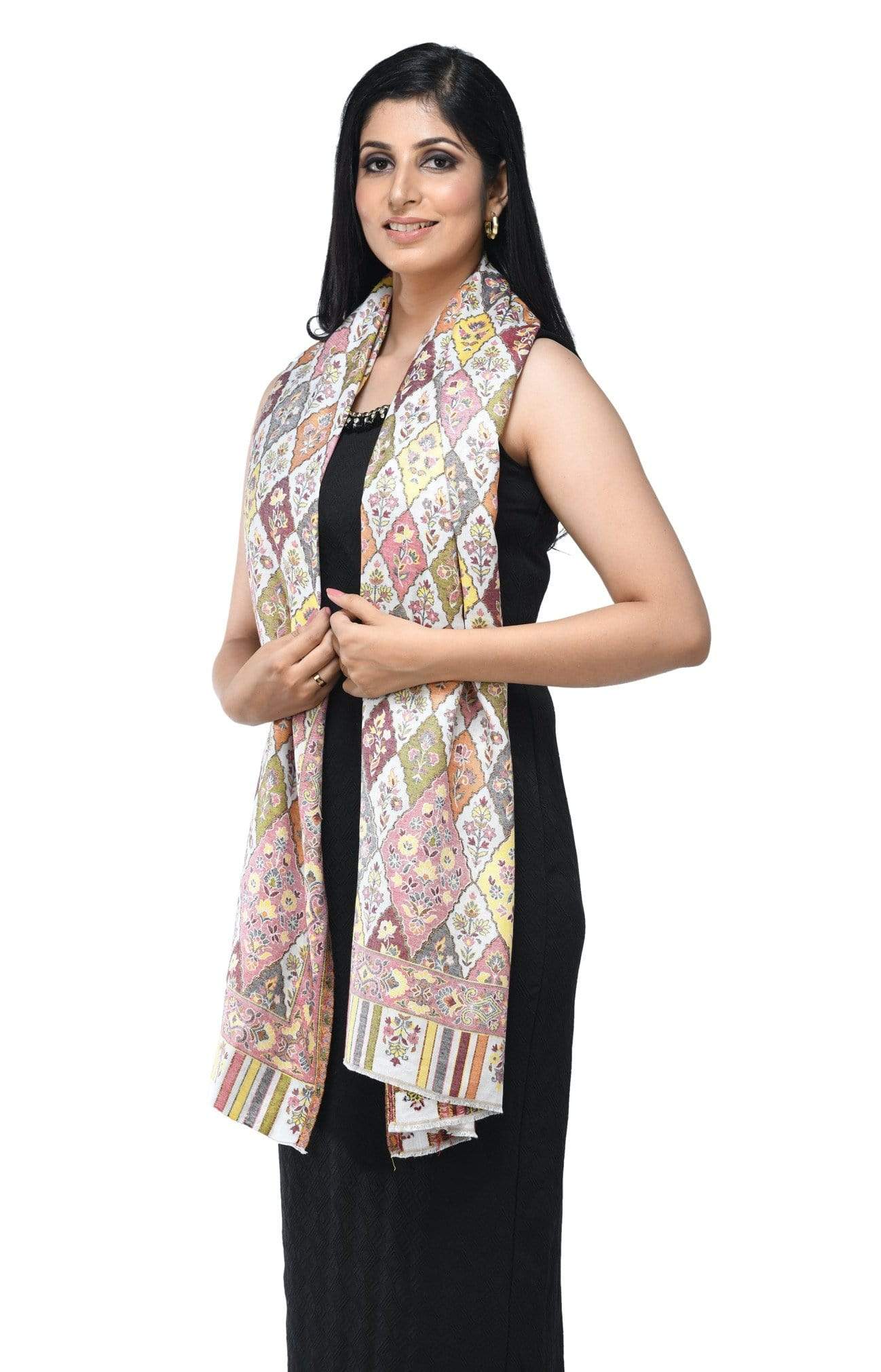 Pashwool 70x200 Pashwool Womens Extra Soft Bamboo Scarf, Woven Ethnic Design, Ivory